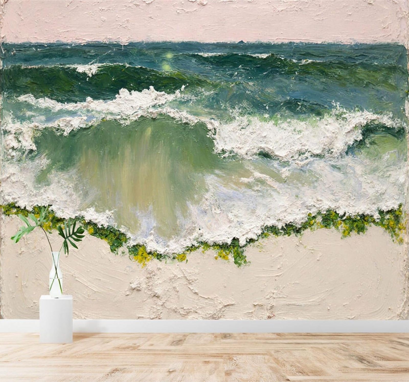 XLMING Ocean Waves Sandy Beach Green Foam Texture 3D Wallpaper Silky Texture Home Study Office Grey Dining Room Sofa Bedroom Living Room TV Backdrop-400cm×280cm