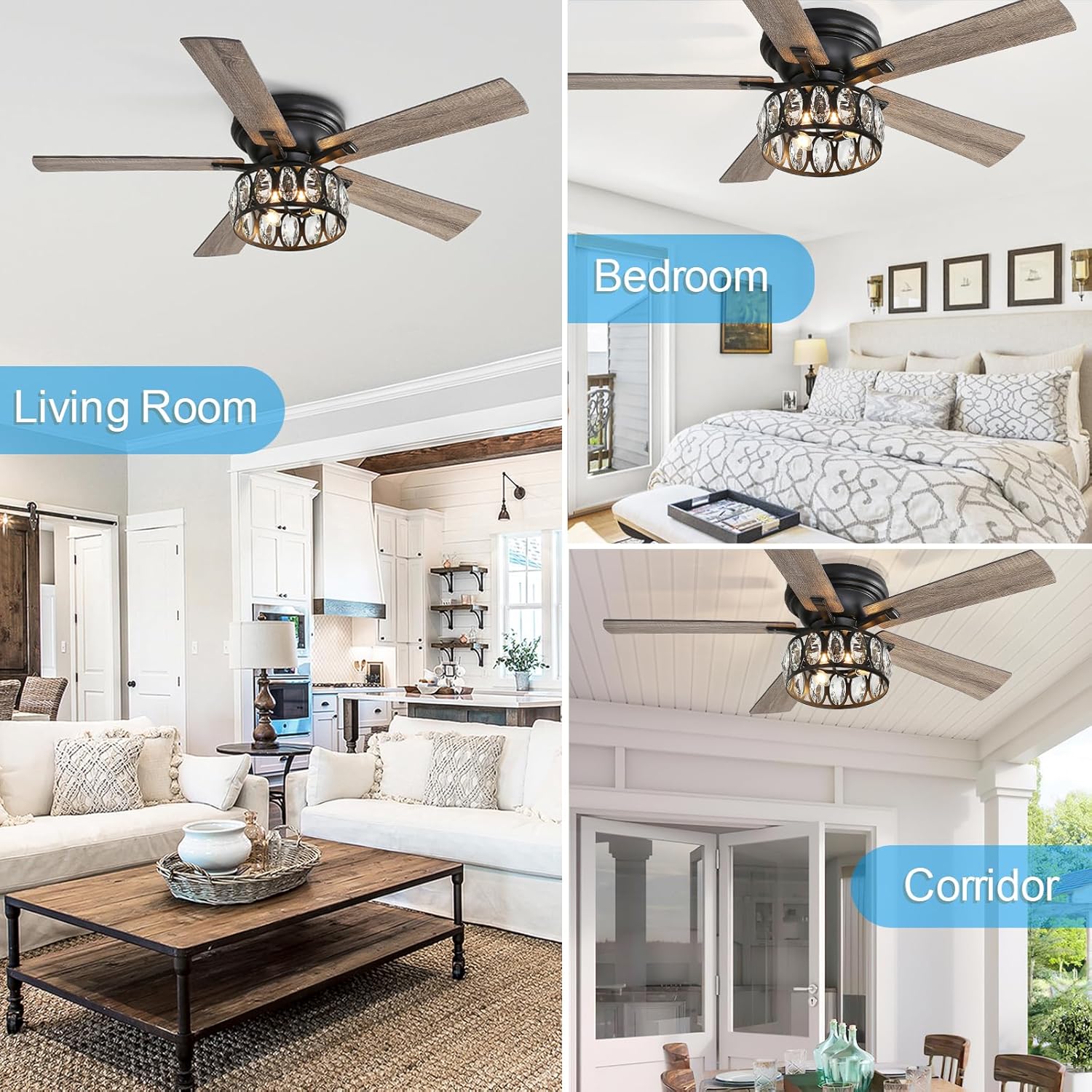 52 Inch Black Flush Mount Ceiling Fan with Crystal Light and Remote