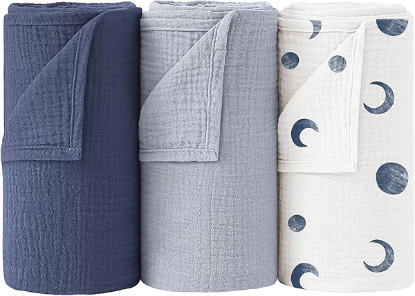 Bearmoss Muslin Swaddle Blankets, 40 x 38 inches Baby Swaddle for Boys and Girls, Soft Baby Blanket, 3 Pack Breathable Nursery Receiving Blankets (Bluemoon)