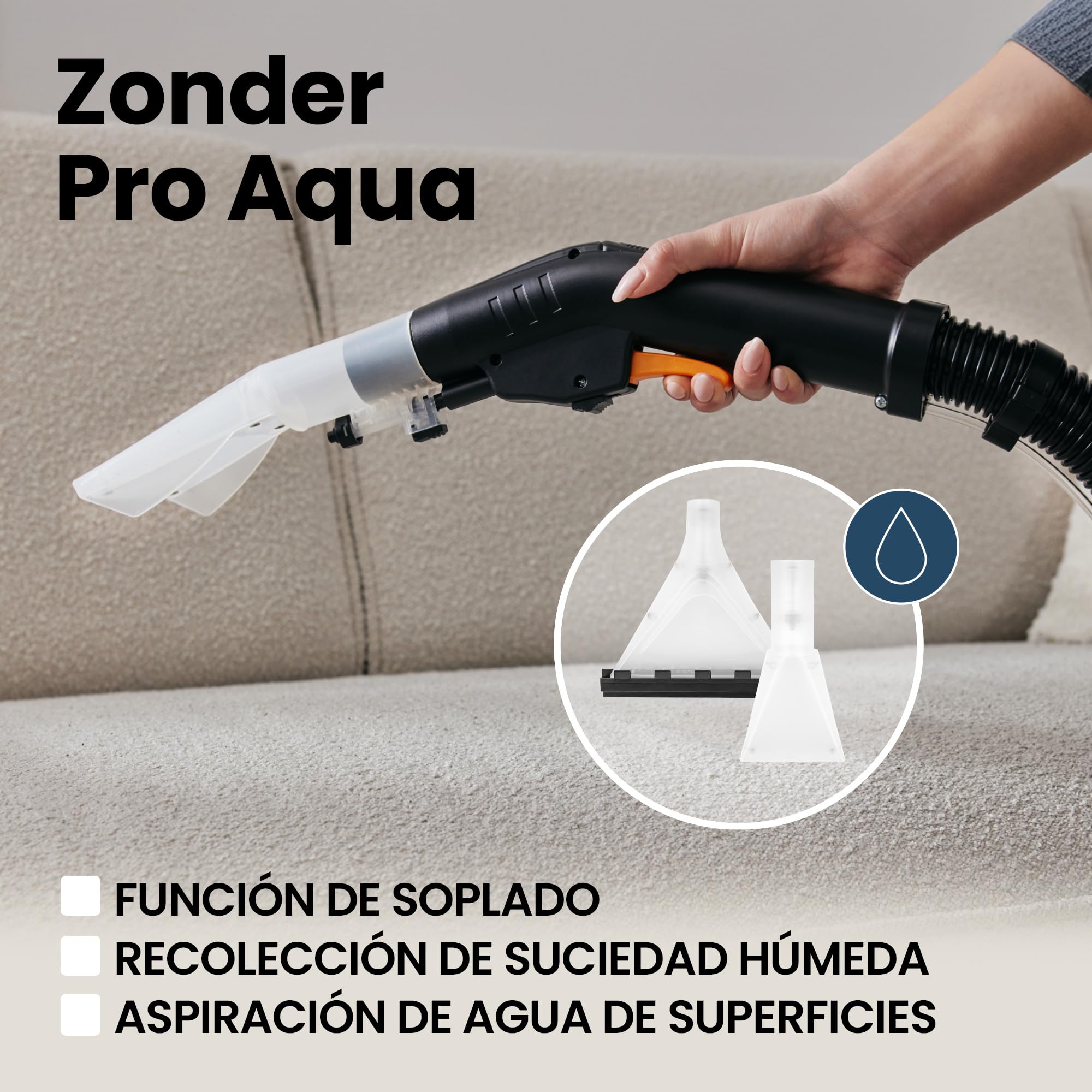 Zeegma ZONDER Pro Aqua Aspirador en seco y húmedo 1400 W, para Alfombras Coche Tapicería Escaleras, Depósito de Agua Limpia de 4 L, Juego de Filtros y Boquillas de Lavado