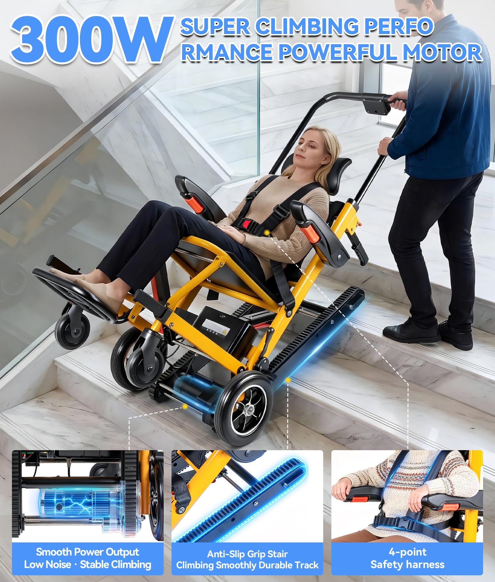 Elektrischer Treppensteiger Rollstuhl Faltbar mit Gummikette, 200KG Elektrischer Treppenlift Stuhl, Rollstuhl Faltbar Treppen Mobilitätshilfe mit LED, Medizinische Rettungstrage für Senioren (Gelb)