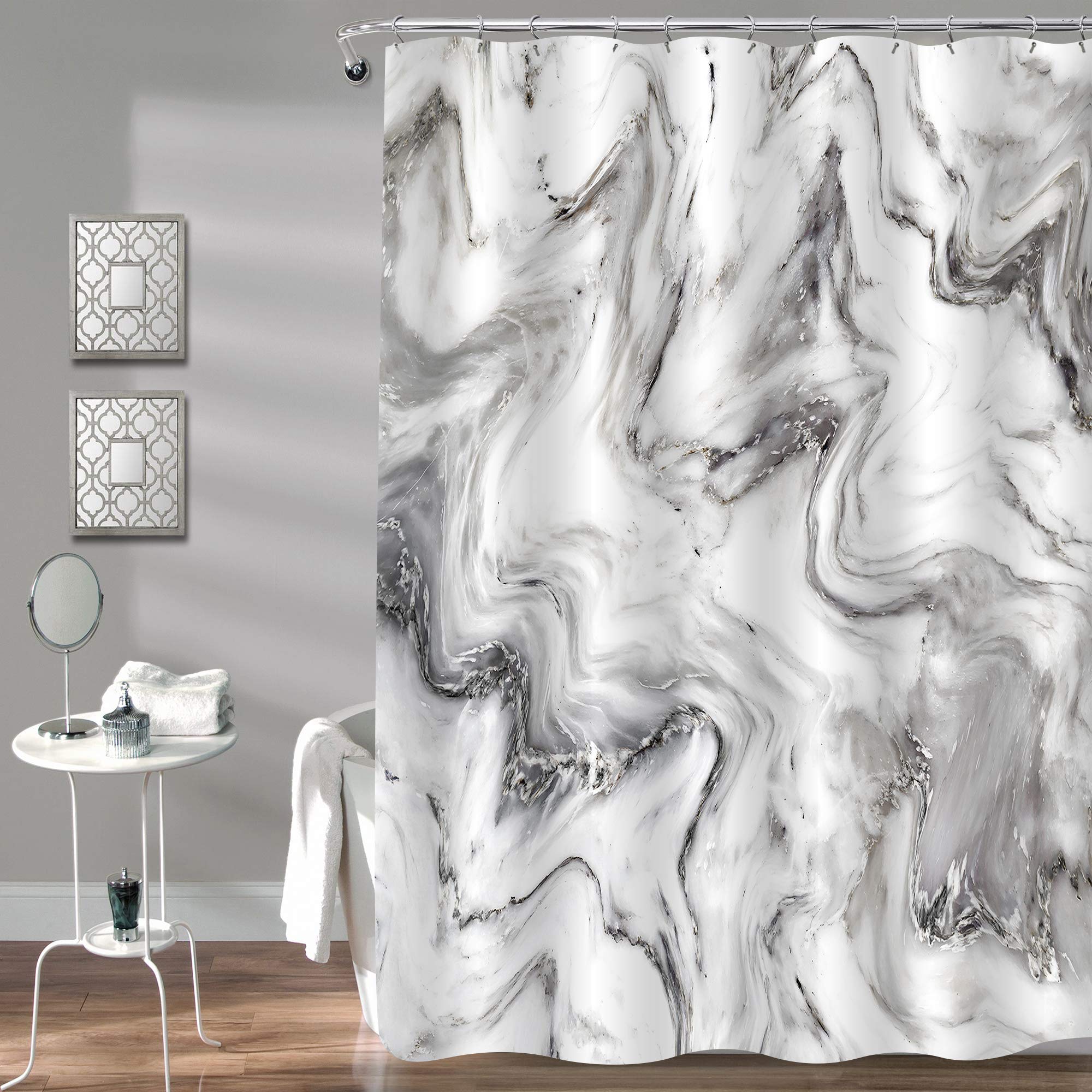Gibelle Grey Marble Shower Curtain for Bathroom, Abstract Granite Marble Fabric, Modern Luxury Art Waterproof Shower Curtain Set for Men and Women,