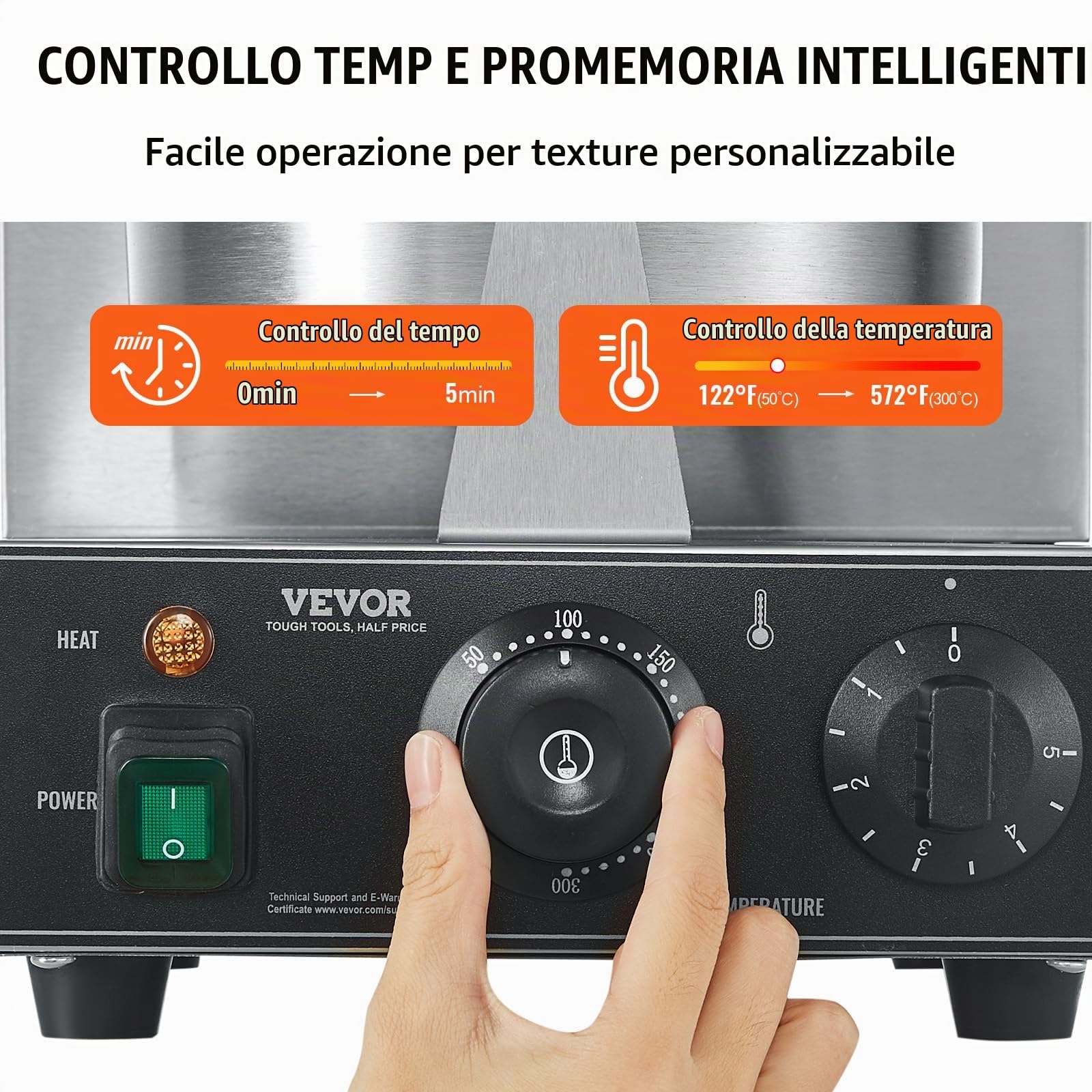 VEVOR Macchina per Waffle Belga Rotonda Commerciale Macchina Waffle 1230 W, Piastra Waffle Belga in Acciaio Inox Antiaderente, con Controllo Temperatura Tempo, Maniglia, per Ristoranti, Panetterie
