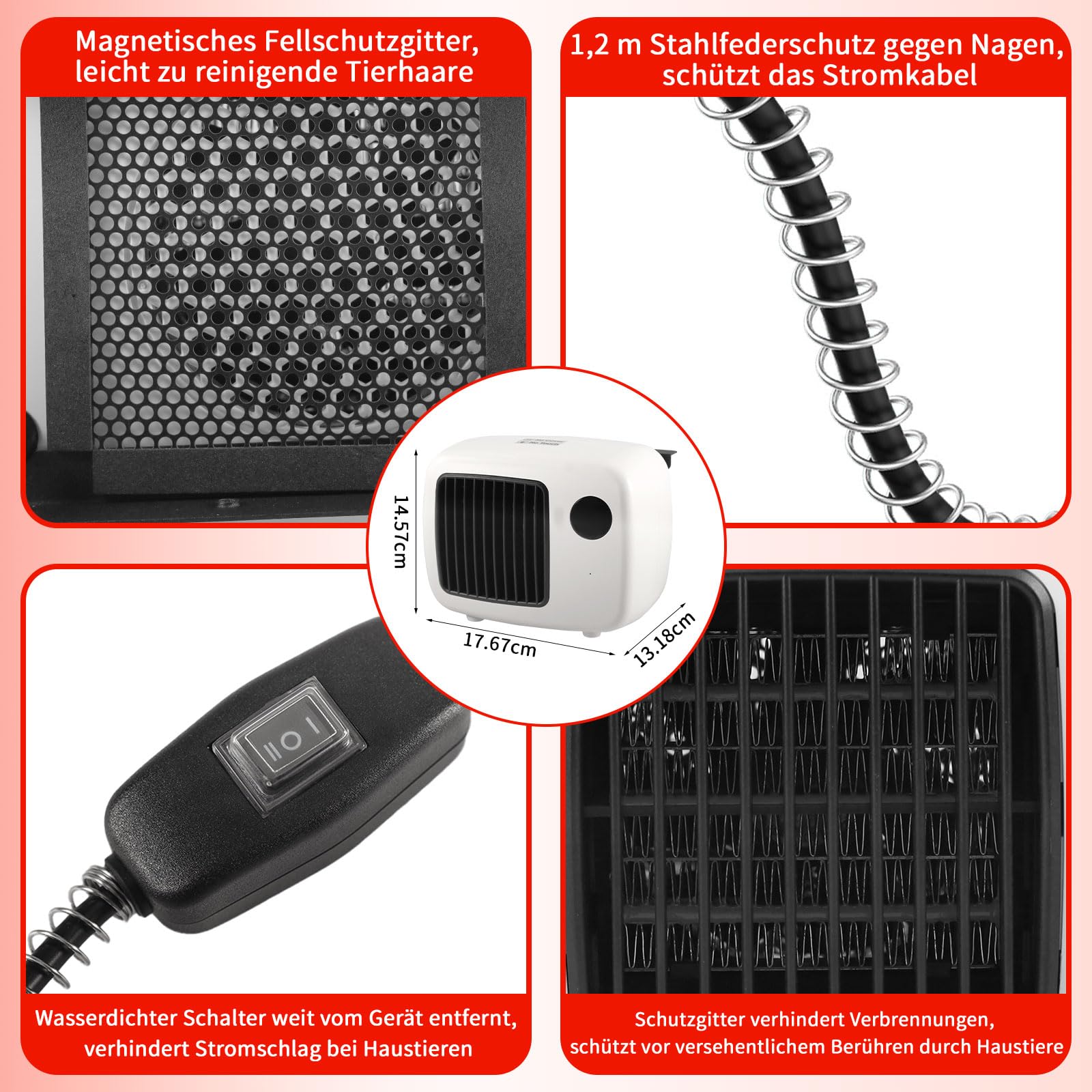 PAKESI Calefactor de 600W con termostato, Calefactor de Exterior para casetas de Perros con Cable Anti masticación, Calefactor Seguro para gallineros y conejeras