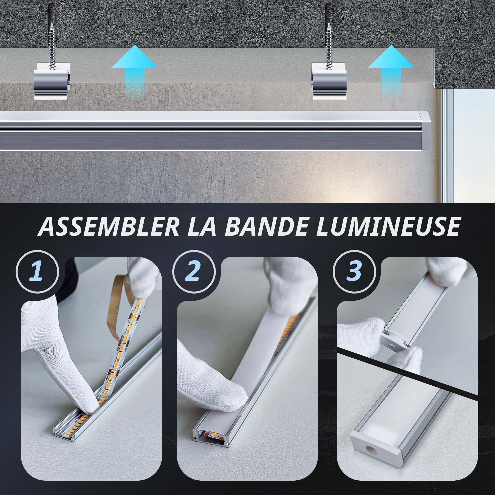 5 x Profilés en Aluminium pour Bandes LED 2 m (Total 10 m), Canaux LED en Forme de U max Ruban Led 12 mm, avec Couvercle Blanc Crème Diffuseur LED, Metal Mounting Clips - 2000 x 17,4 x 7 mm