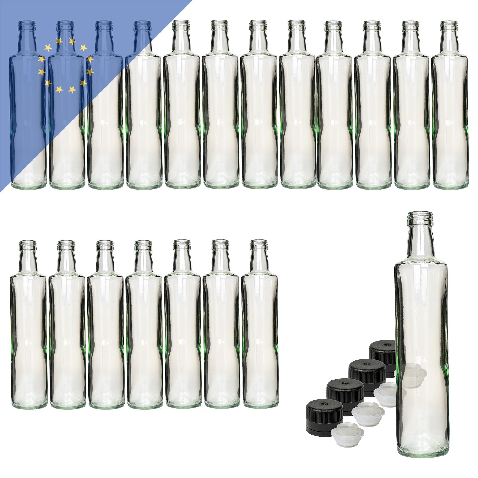 Dorica Lot de 40 bouteilles en verre 500 ml avec bouchon en plastique noir PP31.5 et bec verseur – Idéal pour les huiles, les jus et le vinaigre – Bouteille robuste pour une longue durée de vie et un