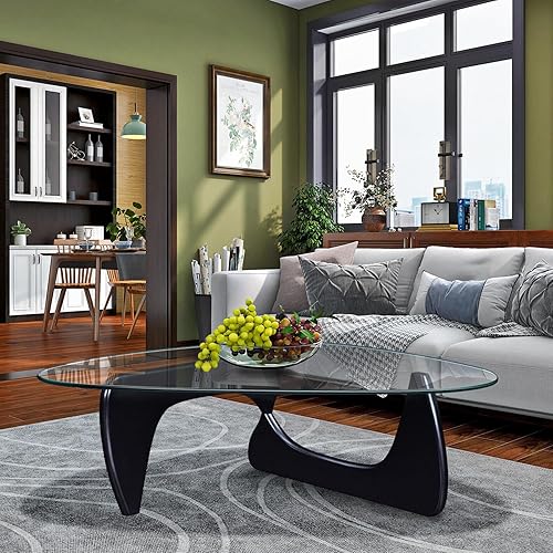 Miniatura 5 de Mesa de centro triangular de vidrio, mesa auxiliar moderna de mediados de siglo, base de madera maciza y parte superior de vidrio transparente