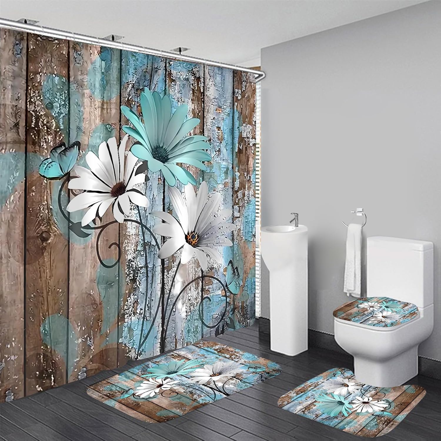 AZHM Farmhouse Flower Floral Shower Curtain Set 4pcs Rustic Teal Turquoise Daisy Bathroom Accessory Set with Rugs and 12 Hooks AZHM Farmhouse Flower Floral Shower Curtain Set 4pcs Rustic Teal Turquoise Daisy Bathroom Accessory Set with Rugs and 12 Hooks