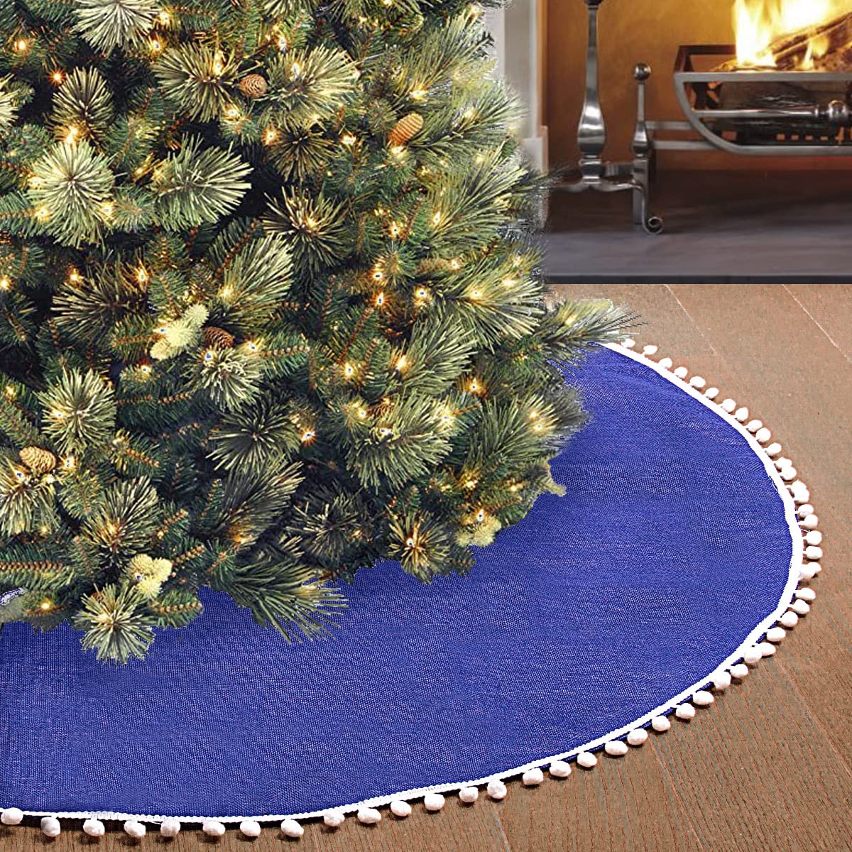 SevenFish Large Christmas Tree Skirt 48 inch Blue Soft Double-Layer Burlap Tree Skirt with Pom Pom Rustic Christmas Holiday Decorations