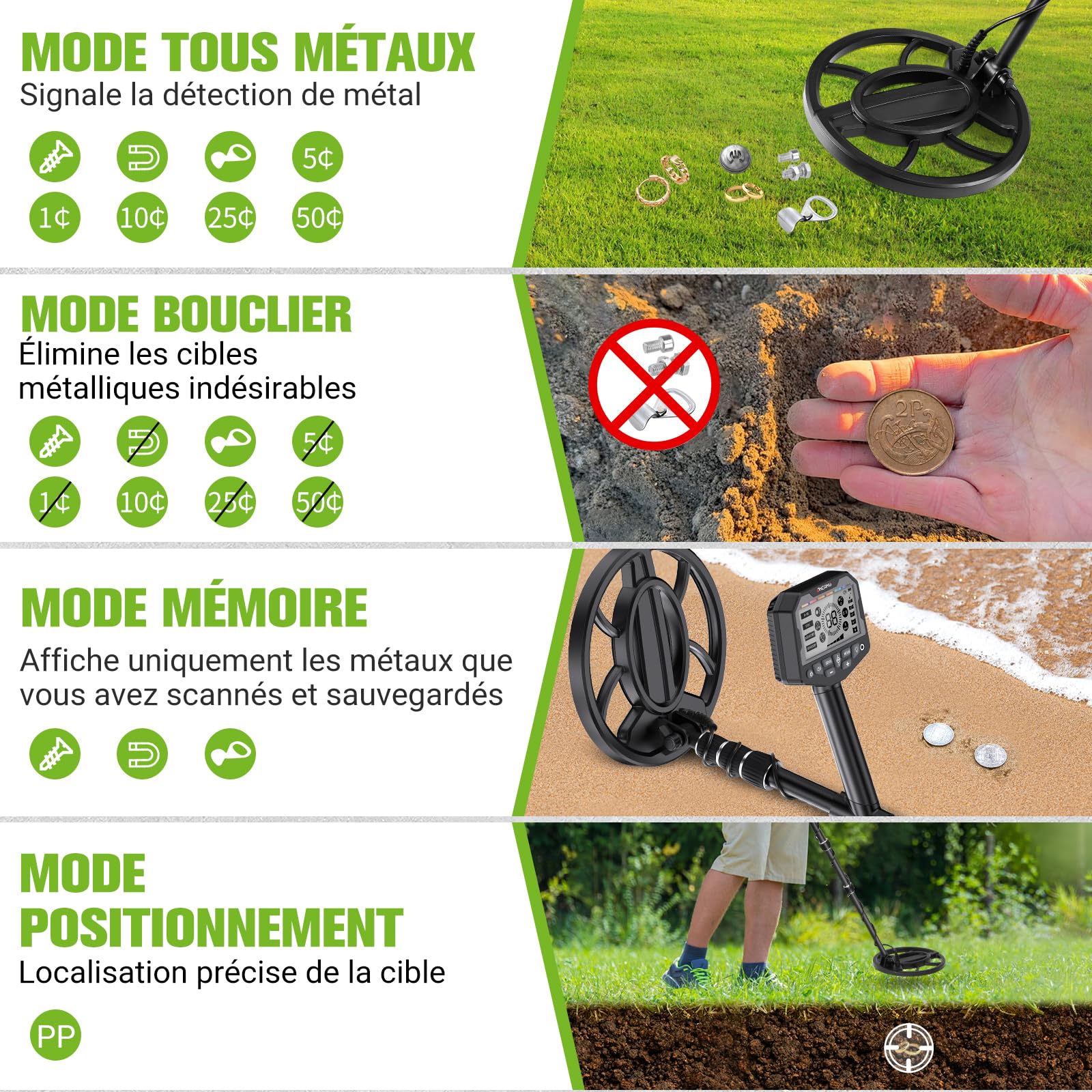 Détecteur de Métaux Professionnel Tout Terrain pour Adultes et Enfants, 5 Modes, Bobine étanche, Hauteur Réglable