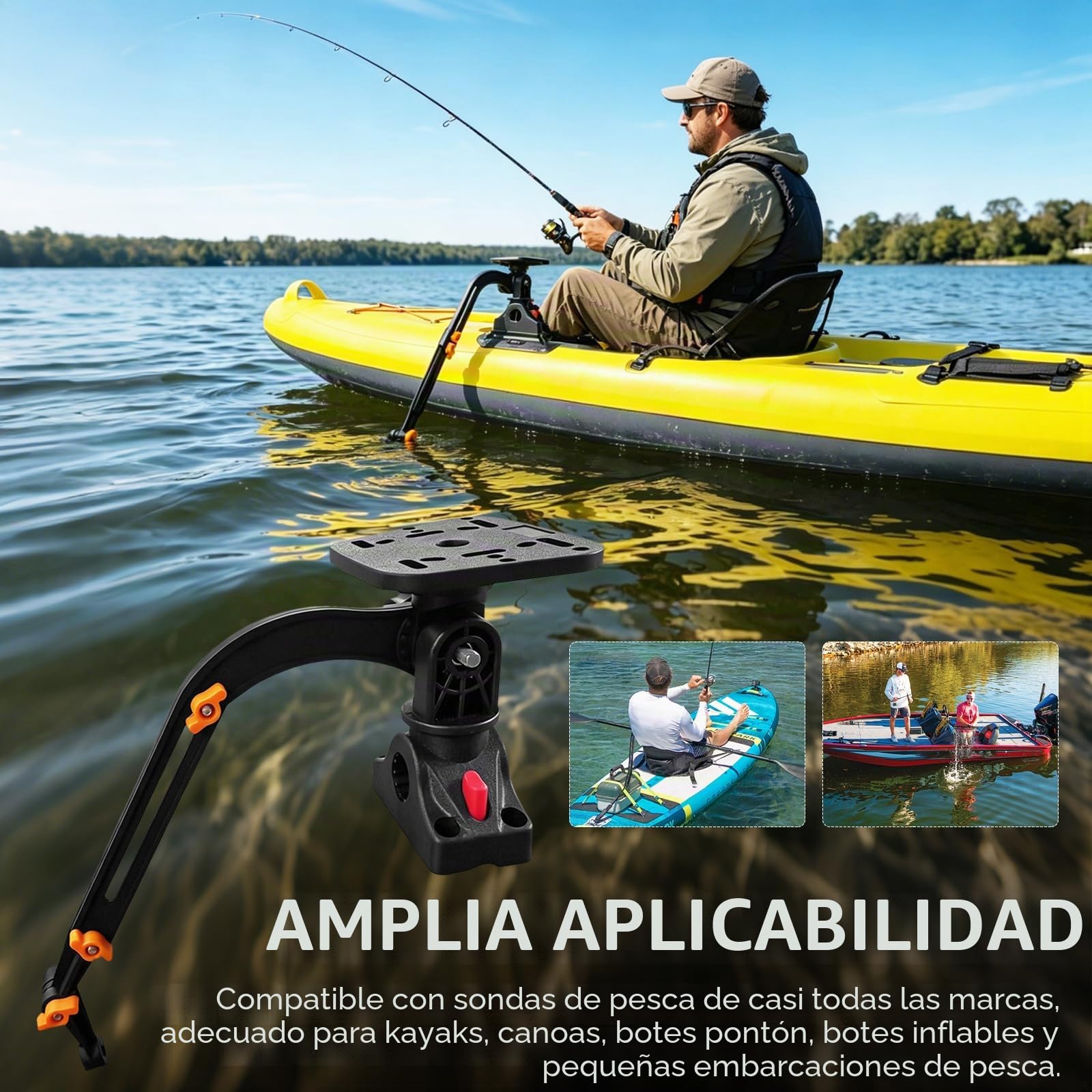 Soporte para Sonda De Pesca, Soporte Giratorio De 360 ​​Grados Soporte para Sonda con Abrazadera Ajustable Y Placa De Montaje Universal para Barcos Y Kayaks Altura De 28-40cm