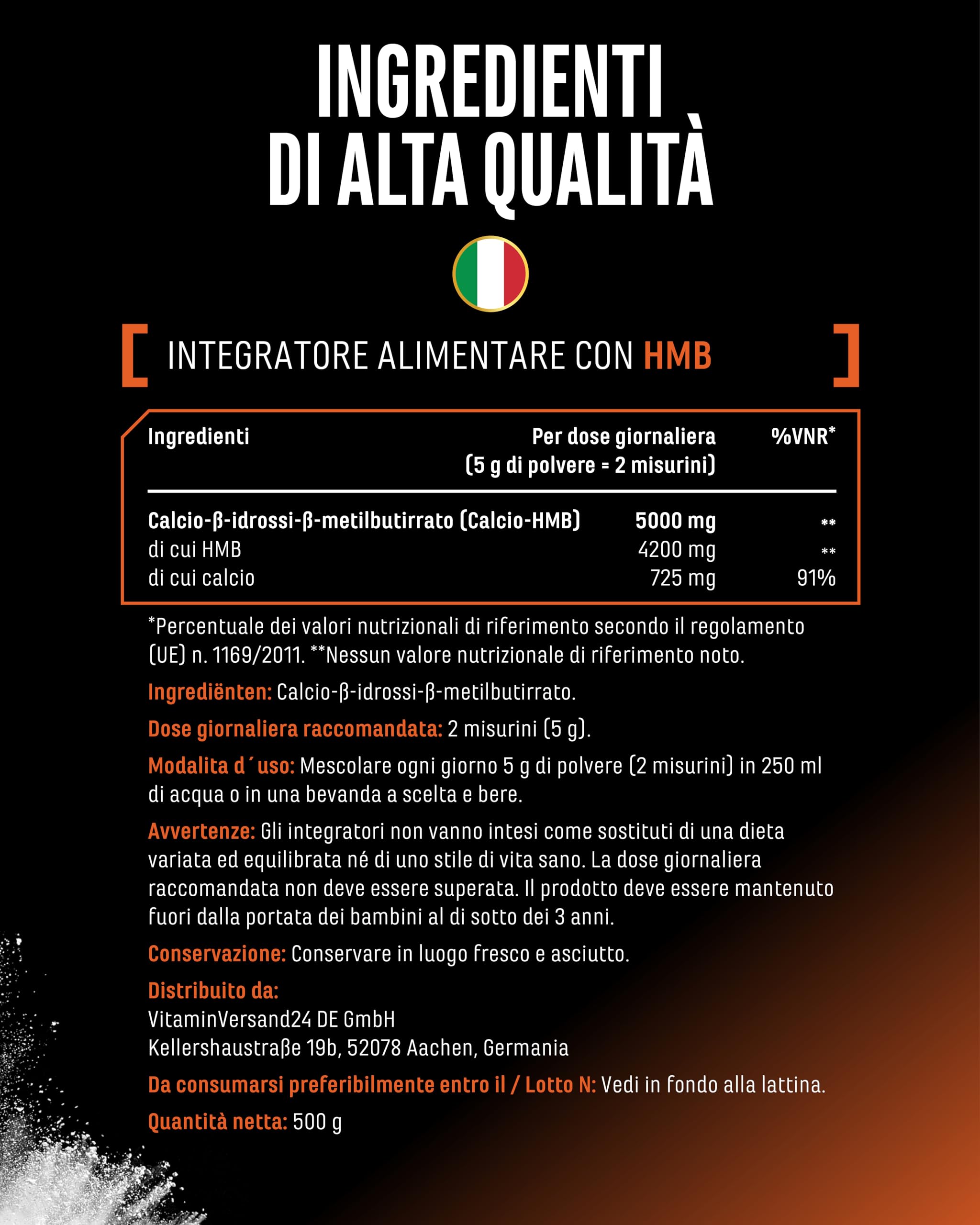 HMB in Polvere 500 g - Calcio-HMB ad alta purezza - Beta-Idrossi-Beta-Metilbutirrato - 100 Porzioni - Senza additivi, Vegano