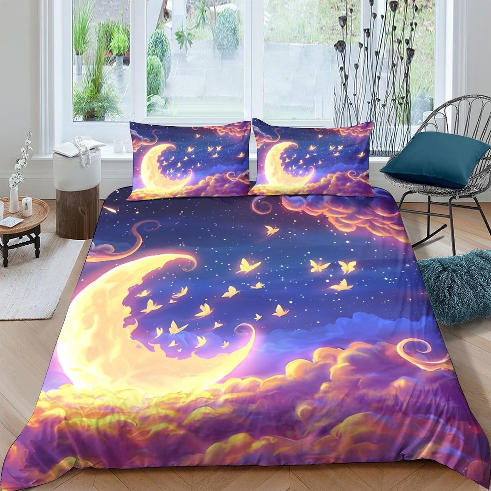 Ctjqhvkz Style-4 3D Printed Dreamy Moon Fitted Sheet Microfiber Soft Purple Night Sky Bed Cover For Bedroom Guest Room Protection Single（135X200cm）