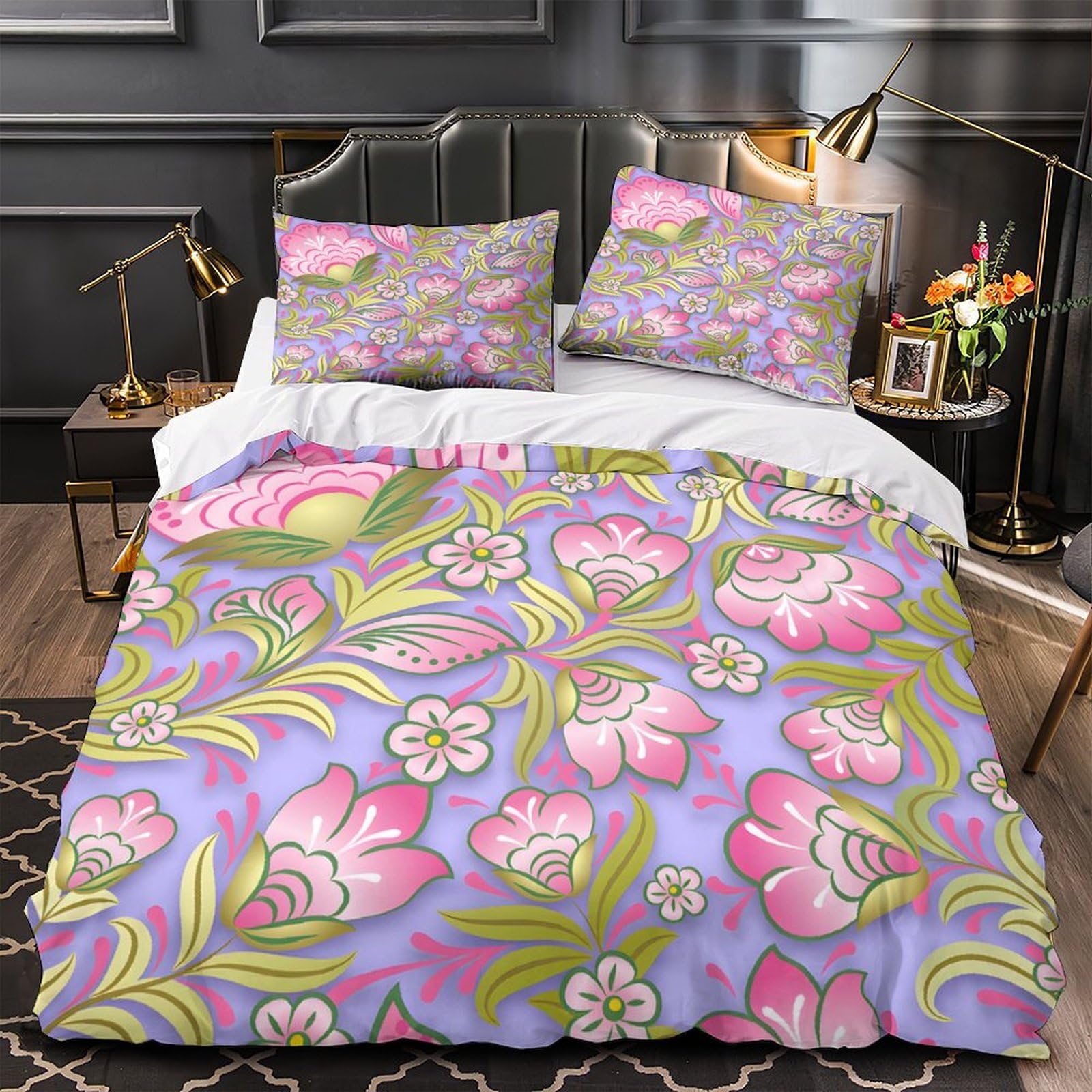 GDEKCIEAS Vintage Pink Floral Ornament Duvet Cover Comforter Cover for Teens Adults Kids Bedding Set Breathable 3 Pieces Microfiber Decorative Bed Cover King（220x240cm）