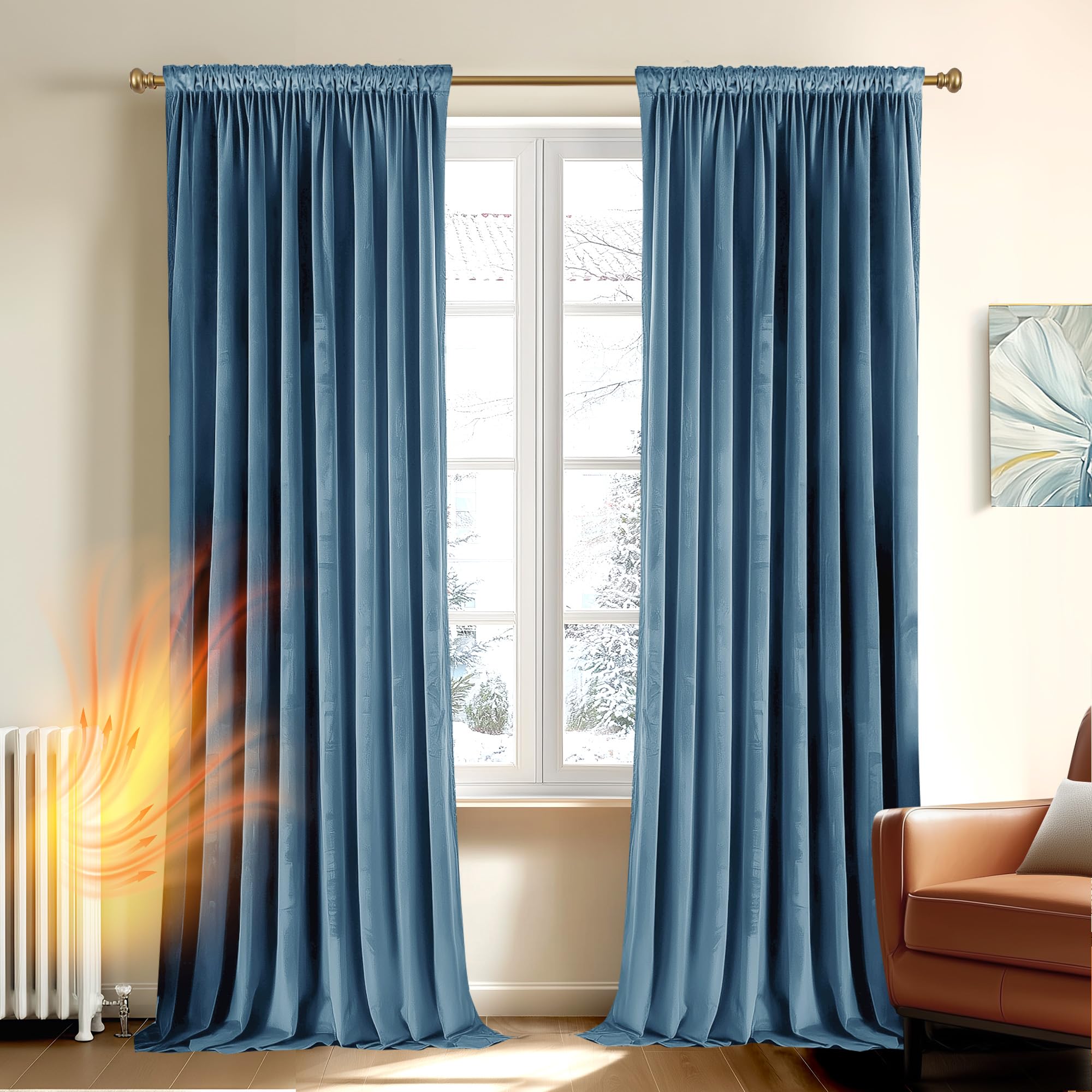 Deconovo Lot de 2Rideaux en Velours Occultants avec Bande Froncée Rideaux en Velours Thermiques pour Salon et Chambre,140L x 175H cm (2 Panneaux) Bleu Gris