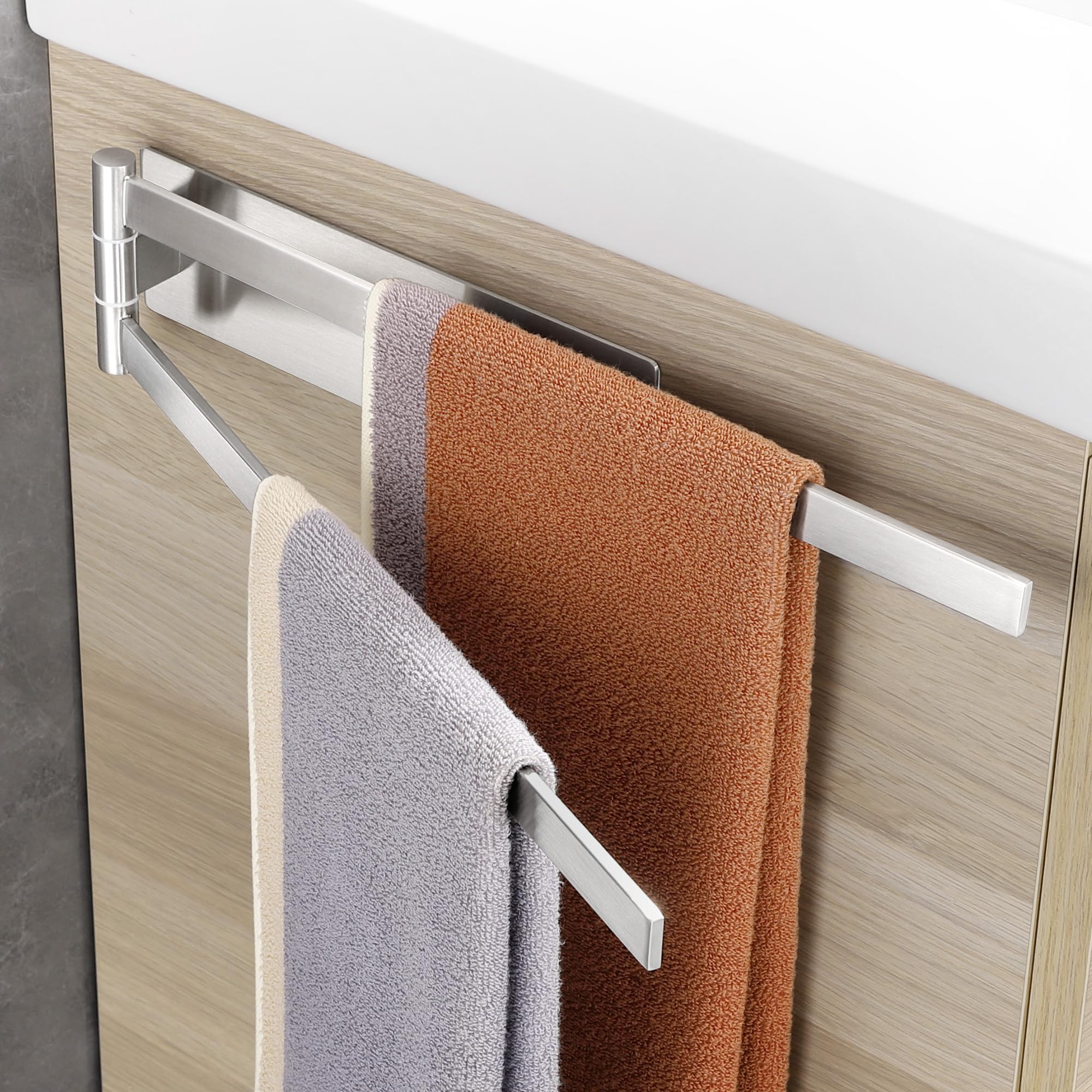 No Drilling Towel Rack, Double Rotatable 304 Stainless Steel, Self Adhesive Towel Holder, Wall Mounted, Bathroom Kitchen Silver 39cm