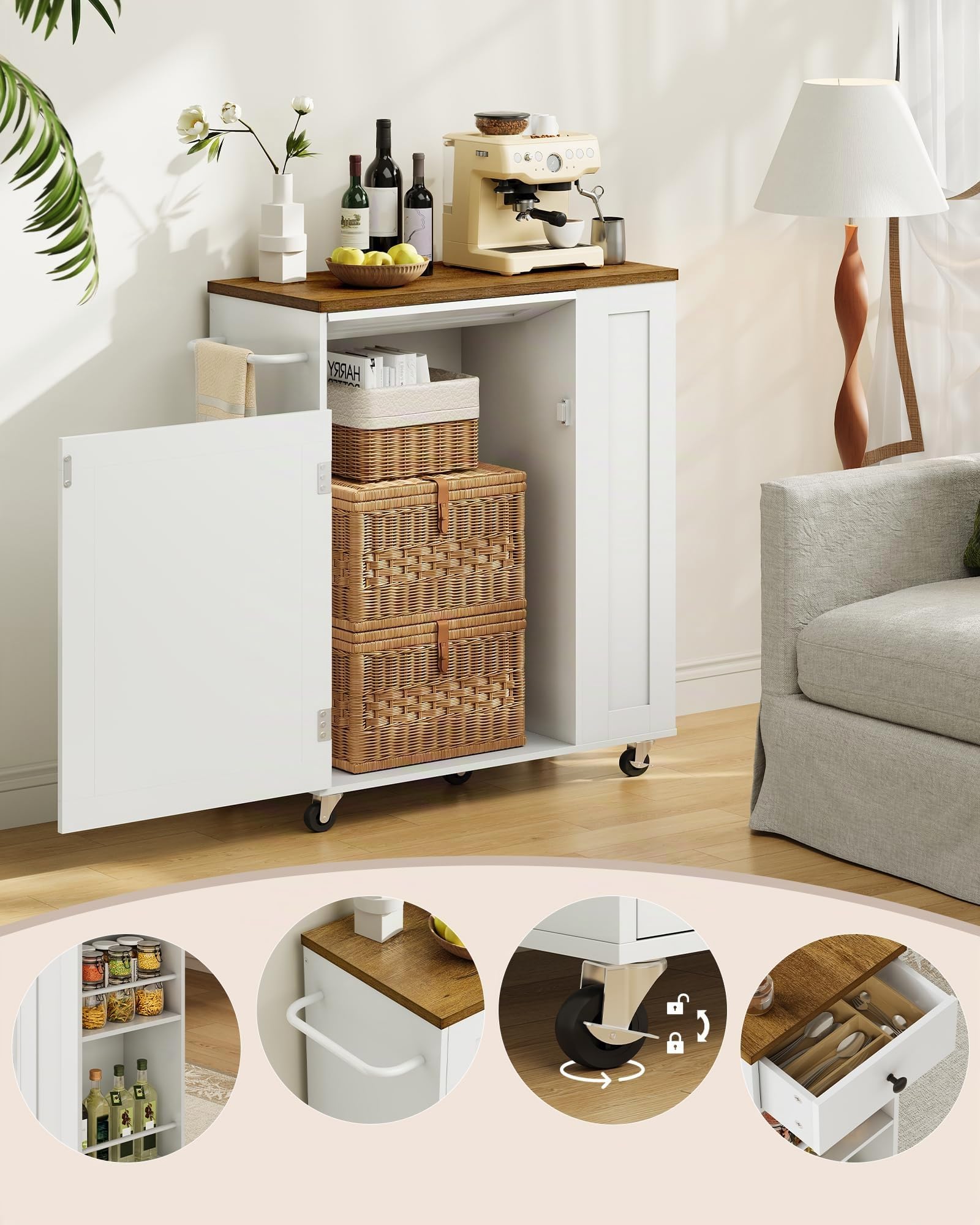 CHOEZON Rollbarer Kücheninselwagen mit Stauraum, Kücheninseltisch mit Mülleimer, 5 Lenkrollen, Schublade, Gewürzregal und Handtuchhalter für Küche, Esszimmer und Wohnzimmer, Weiß und Walnuss DMZD06WL
