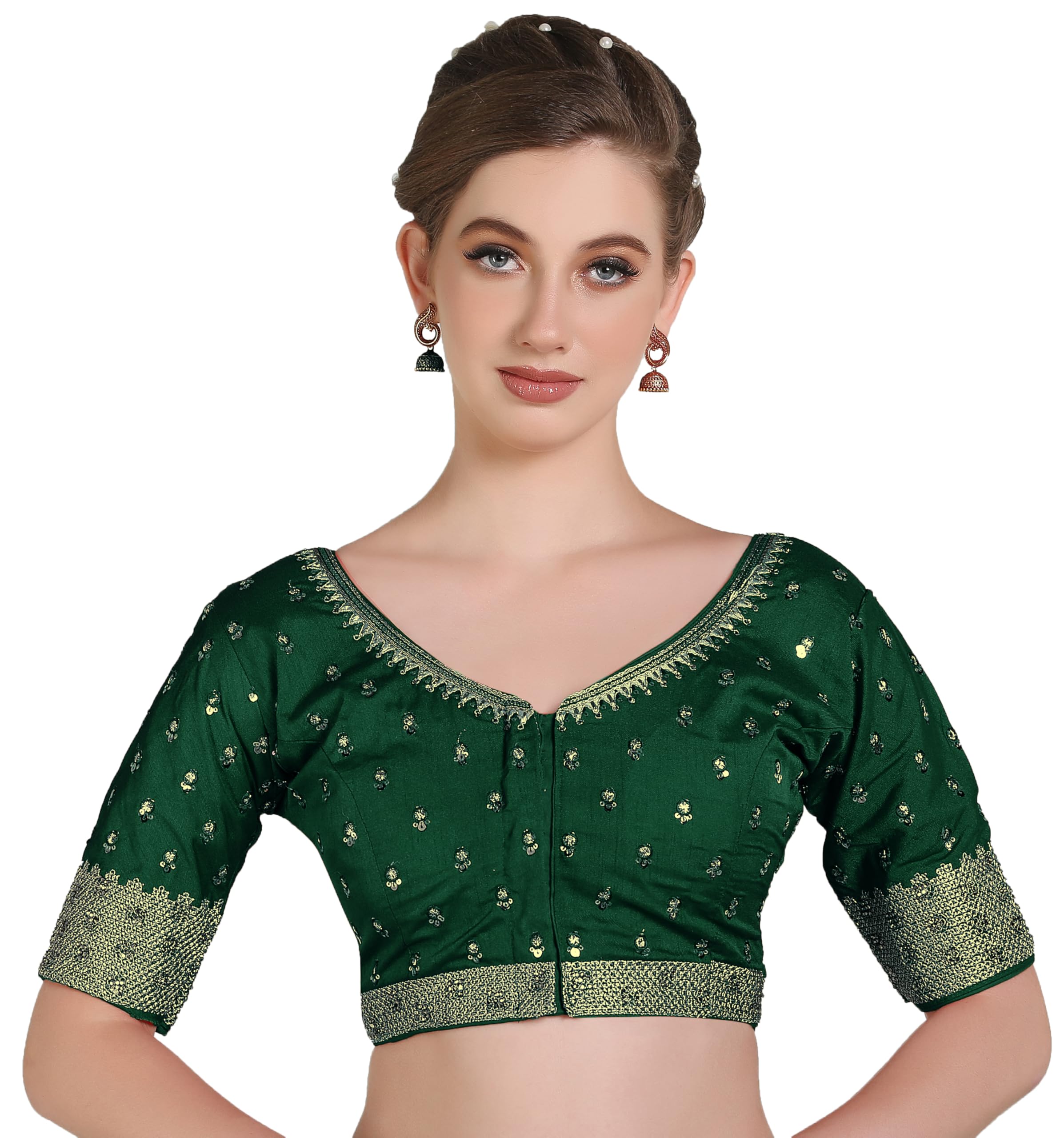 Pujia Mills Women Indian Ethnic Wear Designer Golden Codding With Zari Embroidered Diamond Work Round Neck Half Sleeve Readymade Aari Work Saree Blouse Bridal Readymade Blouse Green For Lehenga Choli