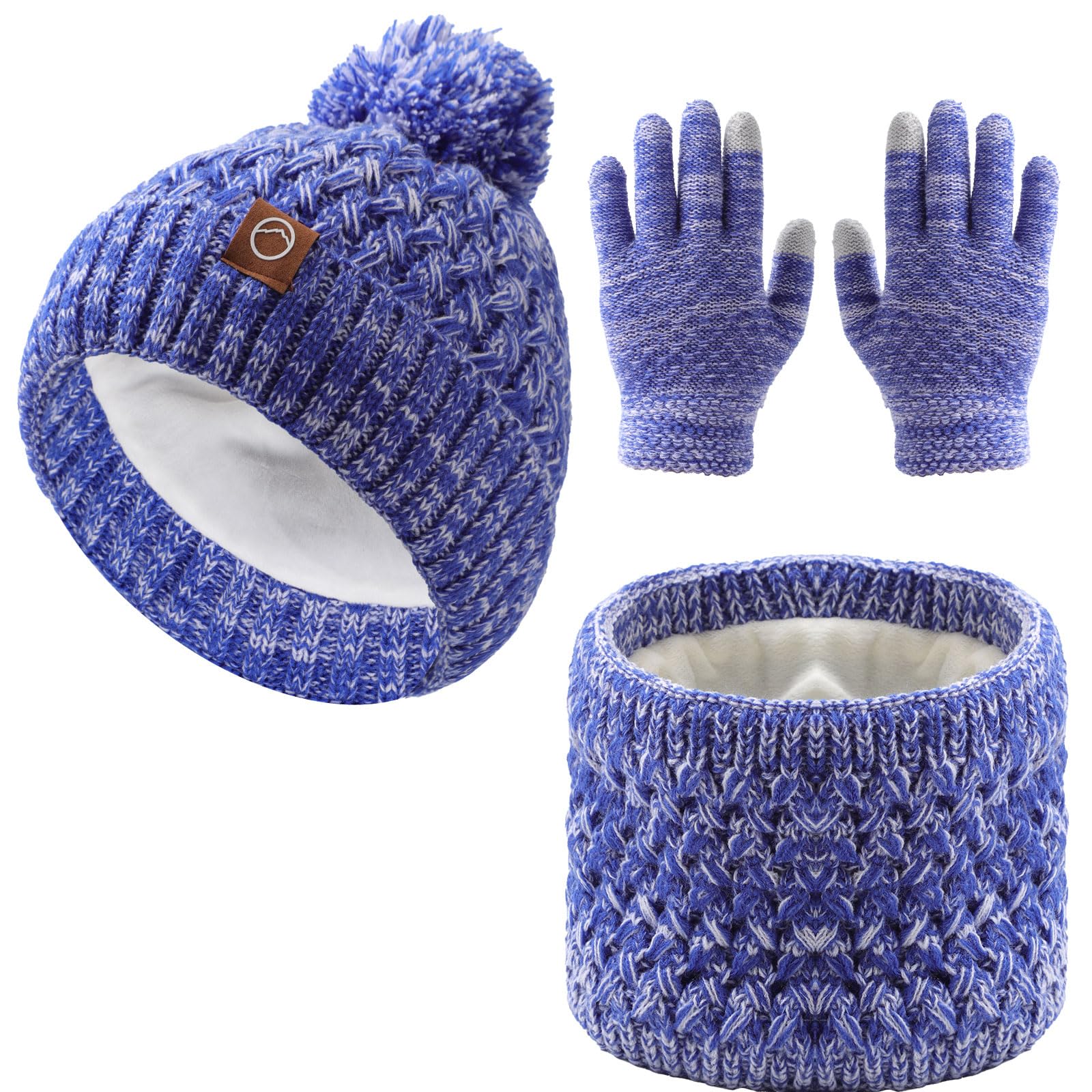 Kinder-Wintermütze, Schal und Handschuhe, warme Thermo-Strickmütze, Halswärmer, Touchscreen-Handschuh mit weichem Fleecefutter, für Mädchen und Jungen, Alter 4–10 Jahre