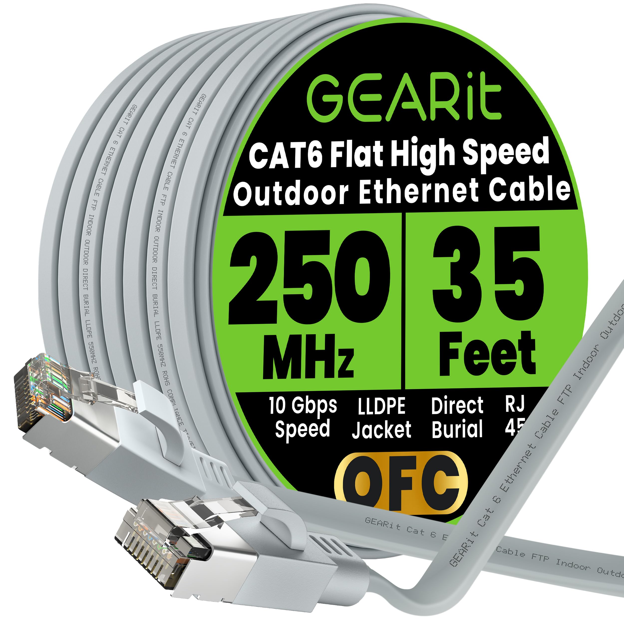GEARit Cat 6 Outdoor Flat Ethernet Cable (35ft, Gray) Direct Burial Rated LLDPE Jacket - Indoor Cat6 Shielded FTP 10Gbps High Speed Gaming Computer
