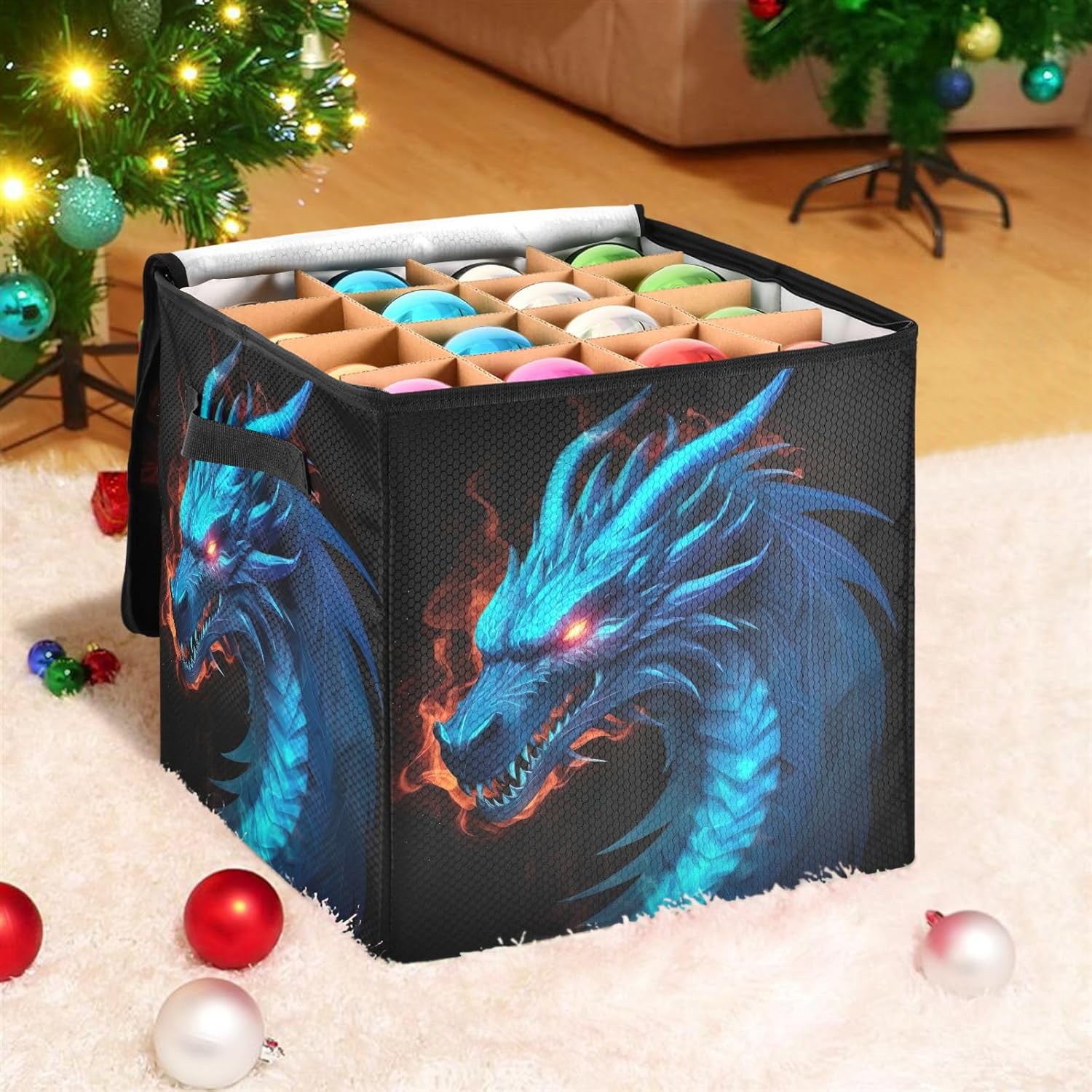 Blue Dragon 13 Inch Christmas Ornament Storage Box with Lid - Holiday Decor Storage Containers, Stores 64 Ornaments, 3 Inch Cube Compartments