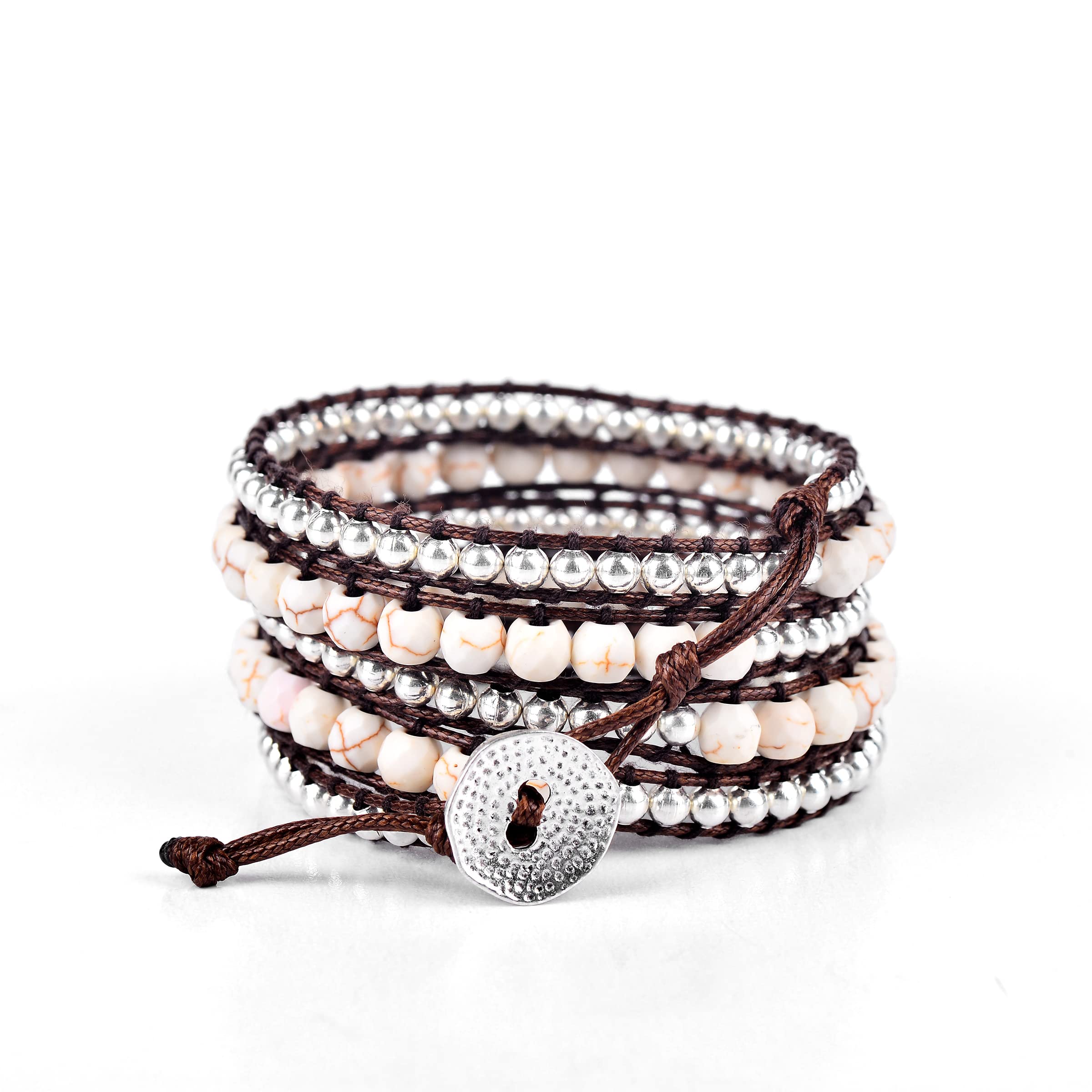 Spirit WristNico Wrap Beaded Bracelets – Boho Bracelets for Women & Men – White Stone + Silver Zinc Bead Bracelet – Handmade in Bali Women’s & Mens Bracelet – Great Gift for Women & Men, Zinc