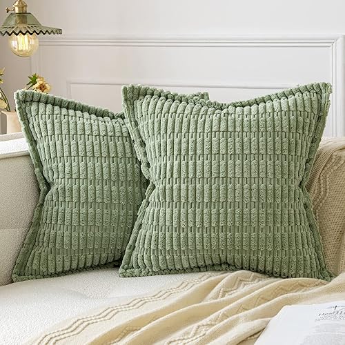 MIULEE Sage Green Corduroy Decorative Throw Pillow Covers Pack of 2 Soft Striped Pillows Pillowcases with Broad Edge Modern Boho Home Decor for Couch Sofa Bed 18x18 Inch