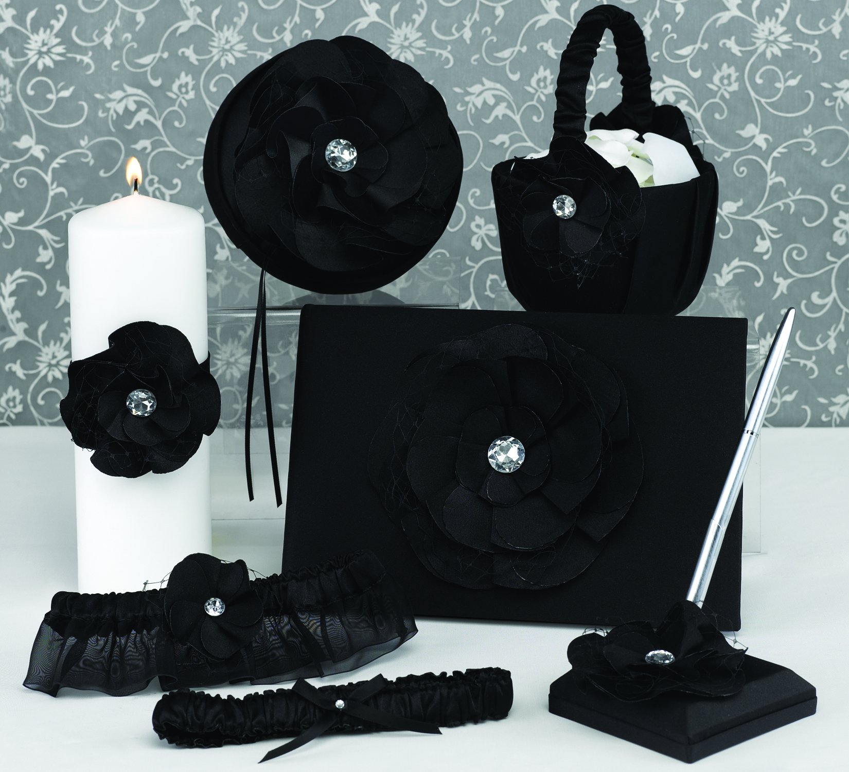 Hortense B. Hewitt Wedding Accessories Floral Fantasy Petite Ring Pillow, Black