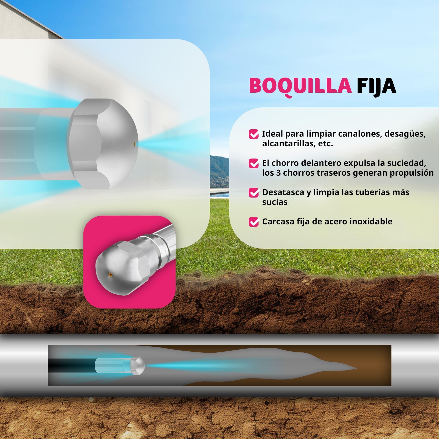 tectake® Juego Manguera Limpieza Tuberías 8 Piezas, Boquilla Giratoria, Adaptadores Hidrolimpiadora, Limpia Canalones, Manguera Presión, Desatascador Tuberias, Manguera Flexible - 15 metros