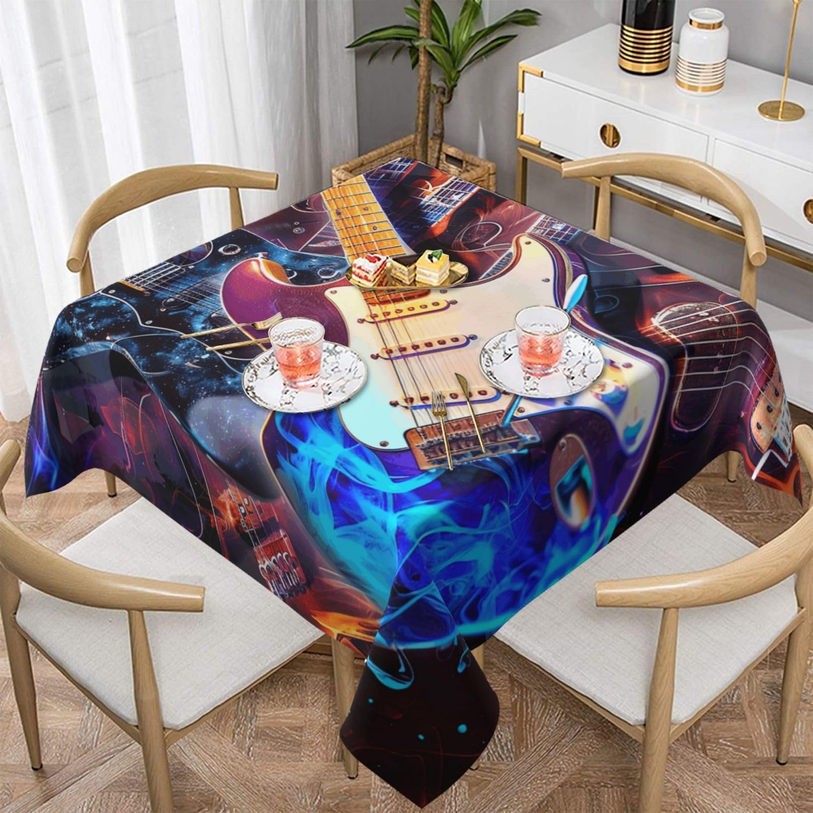 WPKJU Magic Electric Guitar Music Printed Square Tablecloth 54x54 inch Water Resistant Table Cover Washable Rectangle Table Cloth for Dining Tables