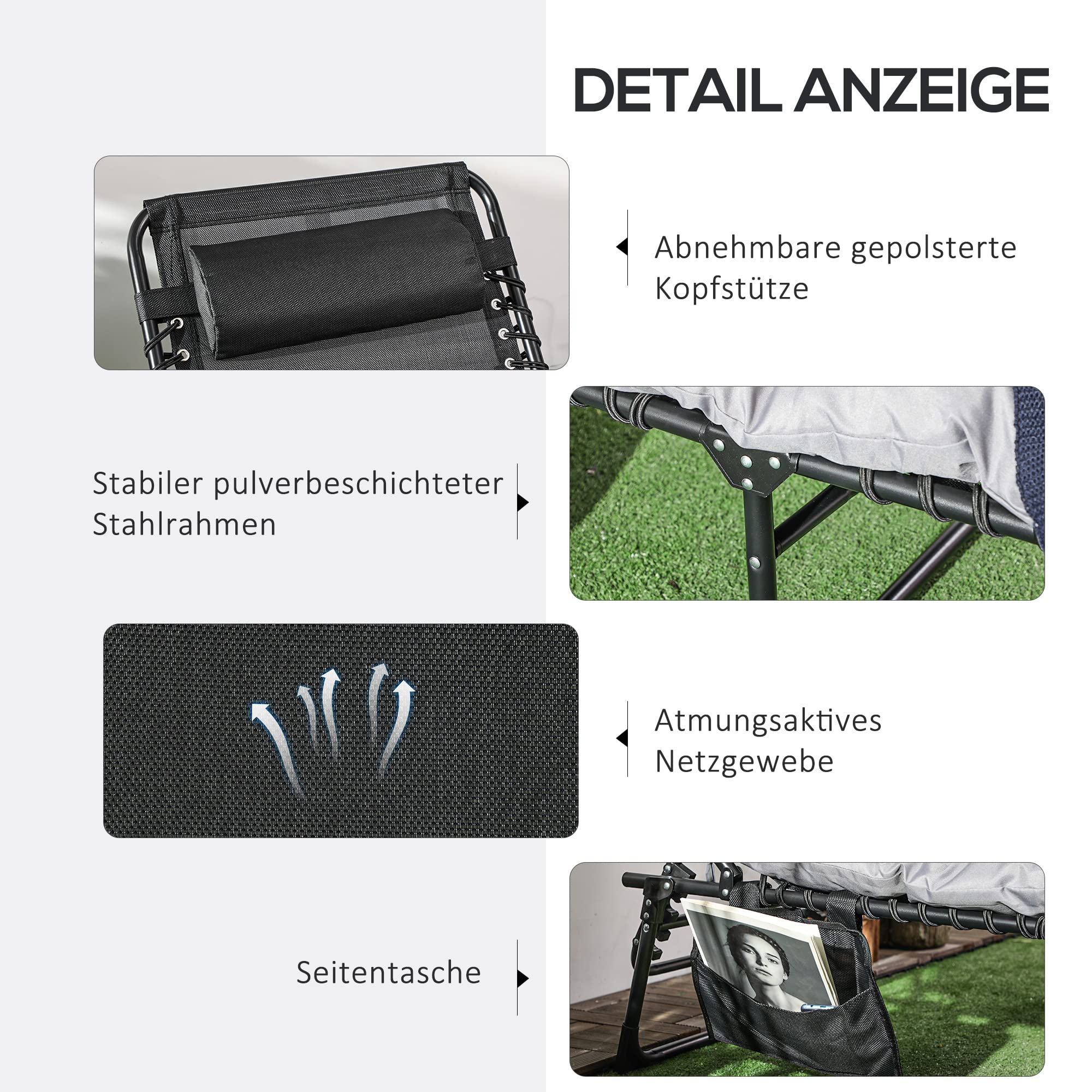 Outsunny Bain de soleil, chaise longue pliante avec coussin, appuie-tête, poche latérale, textilène, transat jardin extérieur inclinable de plage camping piscine terrasse 58 x 189 x 32,5 cm gris clair
