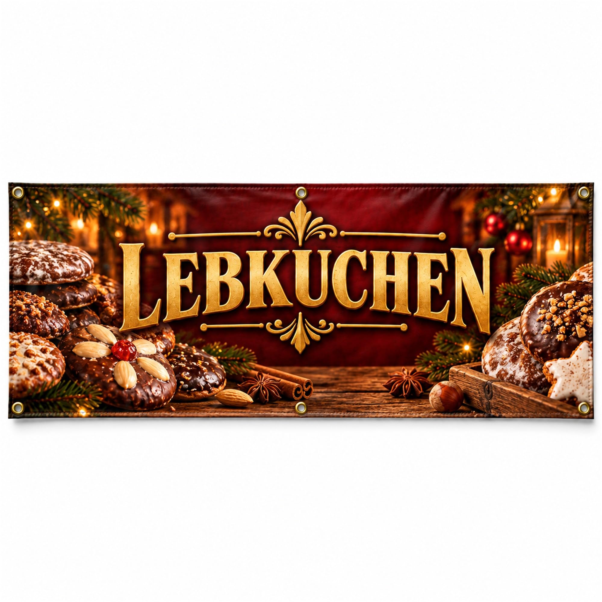 Lebkuchen - Werbeplane 300x100 cm - 510 g PVC Banner Plane für Innen und Außen - wetterfest für Außenwerbung Innenbereich Geschäft Marktstand Veranstaltung Gastronomie