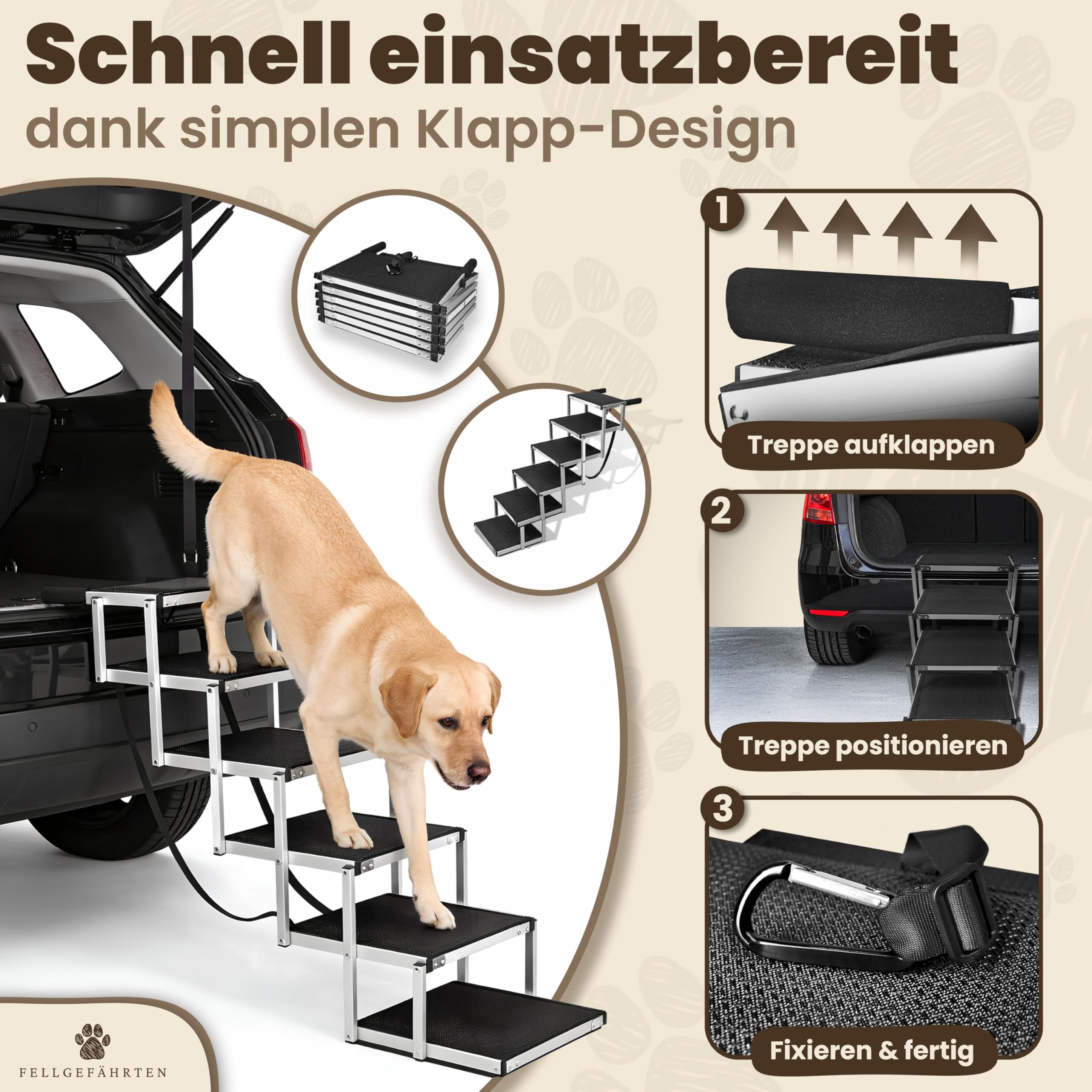 Hundetreppe Auto klappbar & Hunderampe – stabile, rutschfeste Einstiegshilfe für große Hunde mit Reflektoren, in 2 Größen erhältlich