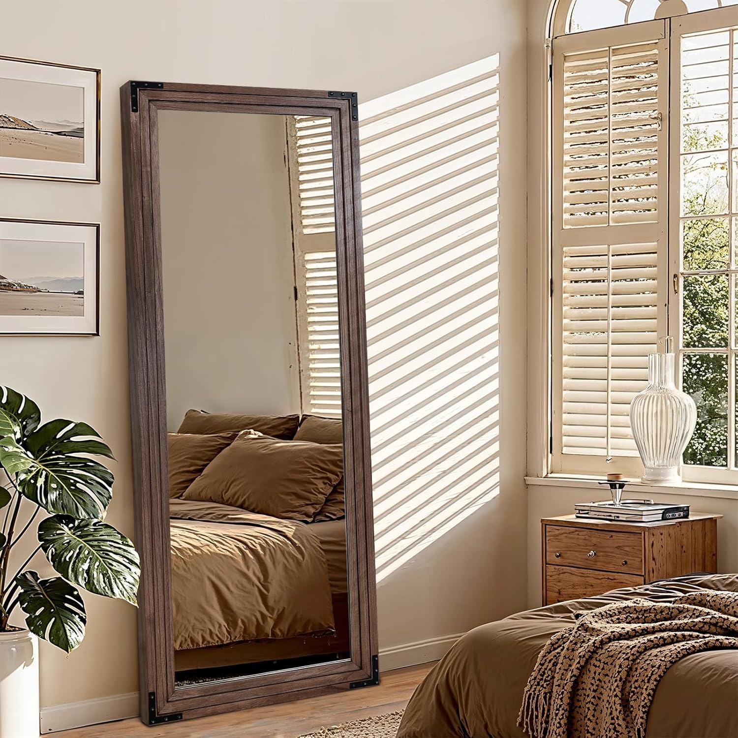 Full Length Mirror 65"x24" Solid Wood Frame Floor Standing Mirror, Hanging or Leaning Wall-Mounted for Living Room, Bedroom, Brown