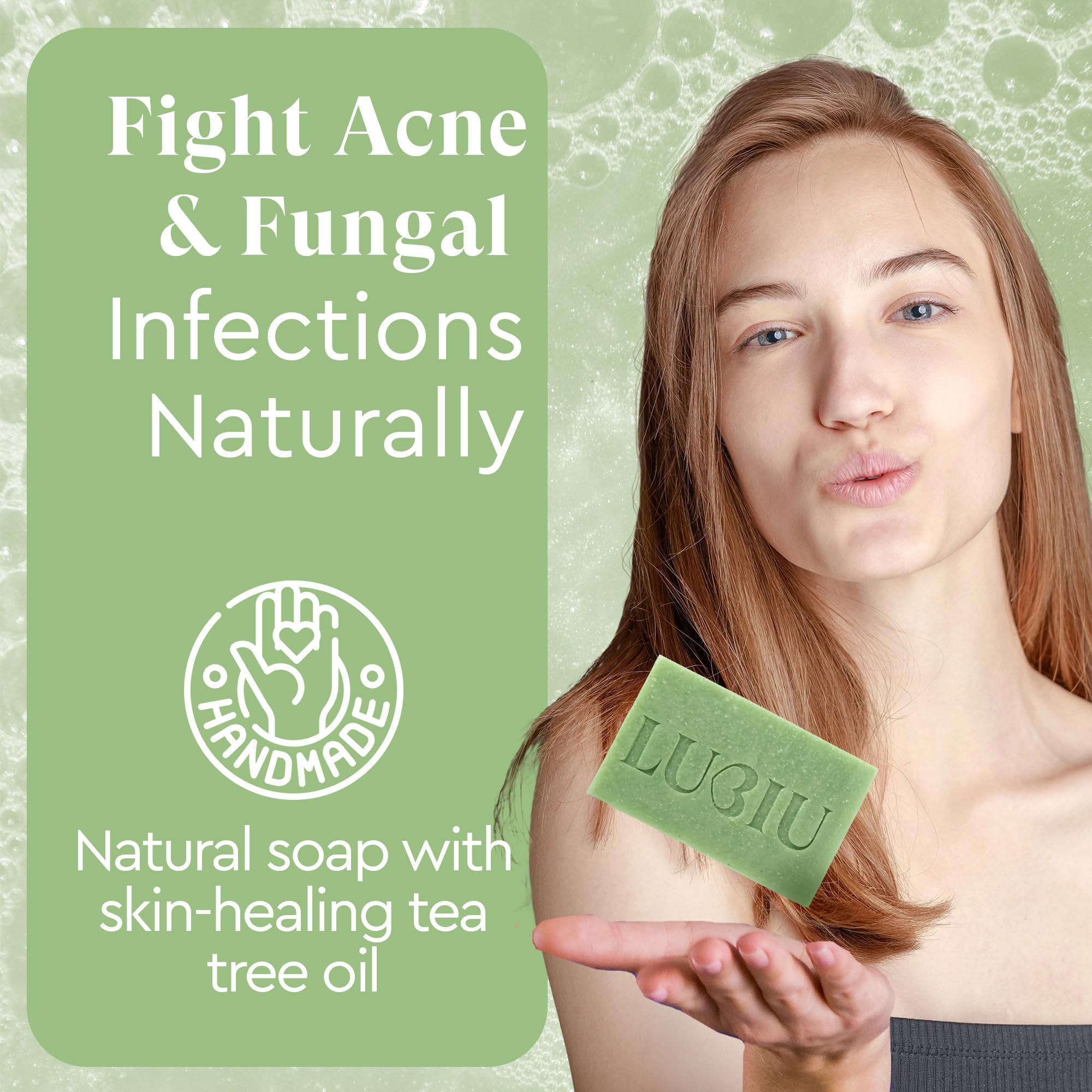 lubiu Natural Tea Tree Soap Bar 100g for Acne Treatment - Face Cleanser and Body Acne - Scented Soap, Green, 100 g (Pack of 1) - Image 2