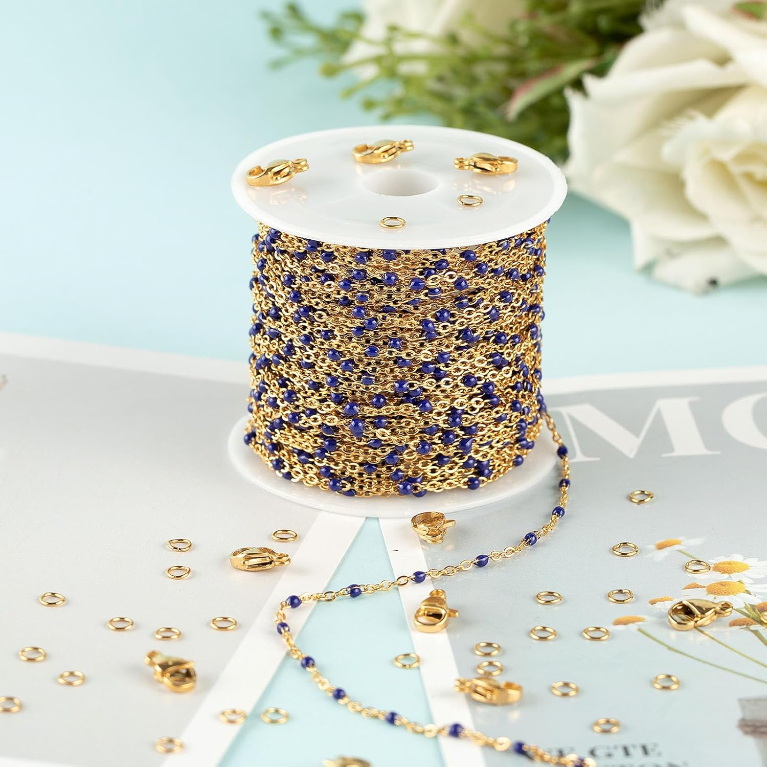 UMAOKANG Gold Plated Stainless Steel Jewelry Chains Bulk Cable Link Chain on Spool Royal Blue Enamel Bead Rosary Chain for Necklace Bracelet DIY Making Jewelry Supplies - Image 7