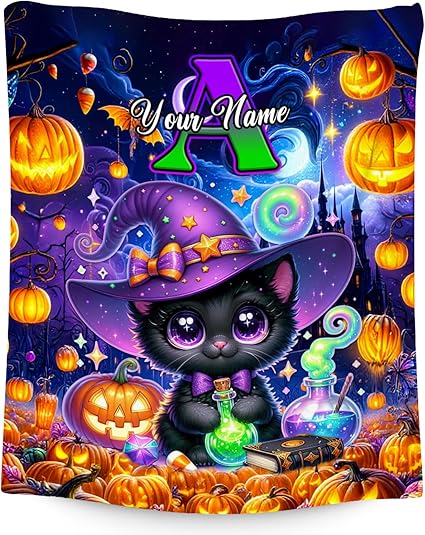 Halloween Blanket Gifts, Cat Blankets for Cat Lovers, Personalized Girls Throw with Name, Custom Monogram Gifts, Cute Flannel Throw for Kid Women (4 Sizes Choose)