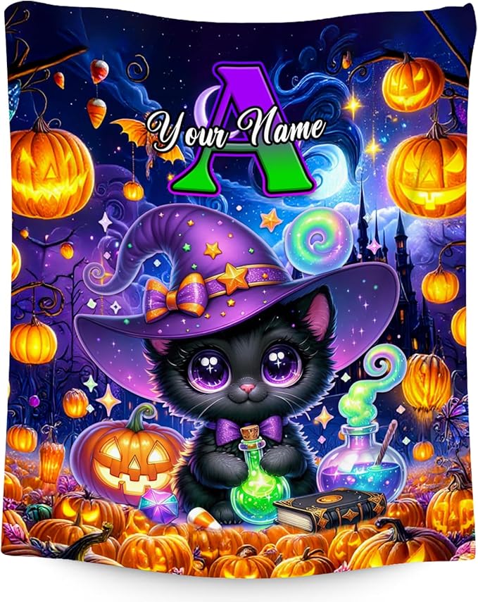 Halloween Blanket Gifts, Cat Blankets for Cat Lovers, Personalized Girls Throw with Name, Custom Monogram Gifts, Cute Flannel Throw for Kid Women (4 Sizes Choose)