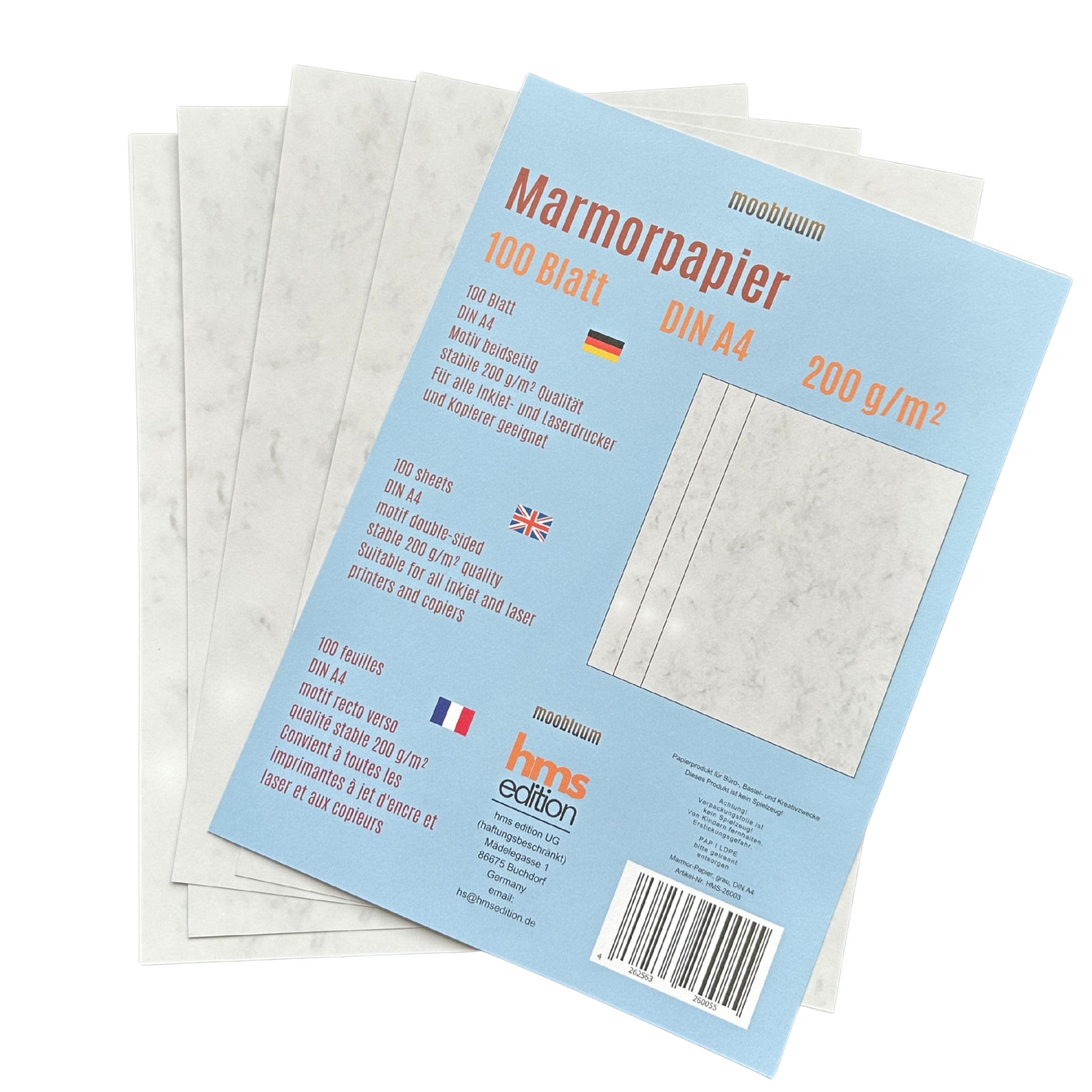 100 Blatt Marmorpapier Grau DIN A4, 200 g/m² extra stark, beidseitig Marmordesign, Bastelpapier, Briefpapier, Urkunden, Dokumente, Speisekarten, für Inkjet, Laserdrucker und Kopierer geeignet