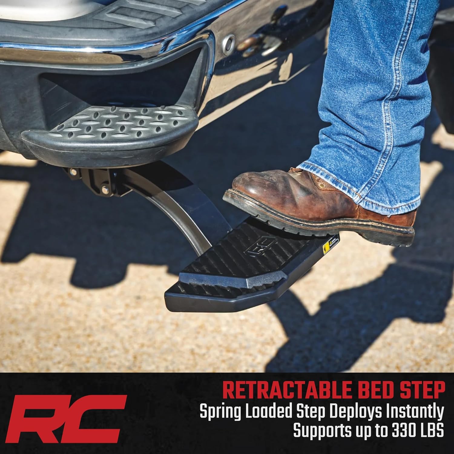 Rough Country Retractable Bed Step for Chevy Silverado & GMC Sierra 1500 (2014-2018) - Manual Pull Tailgate Non-Slip Truck Step