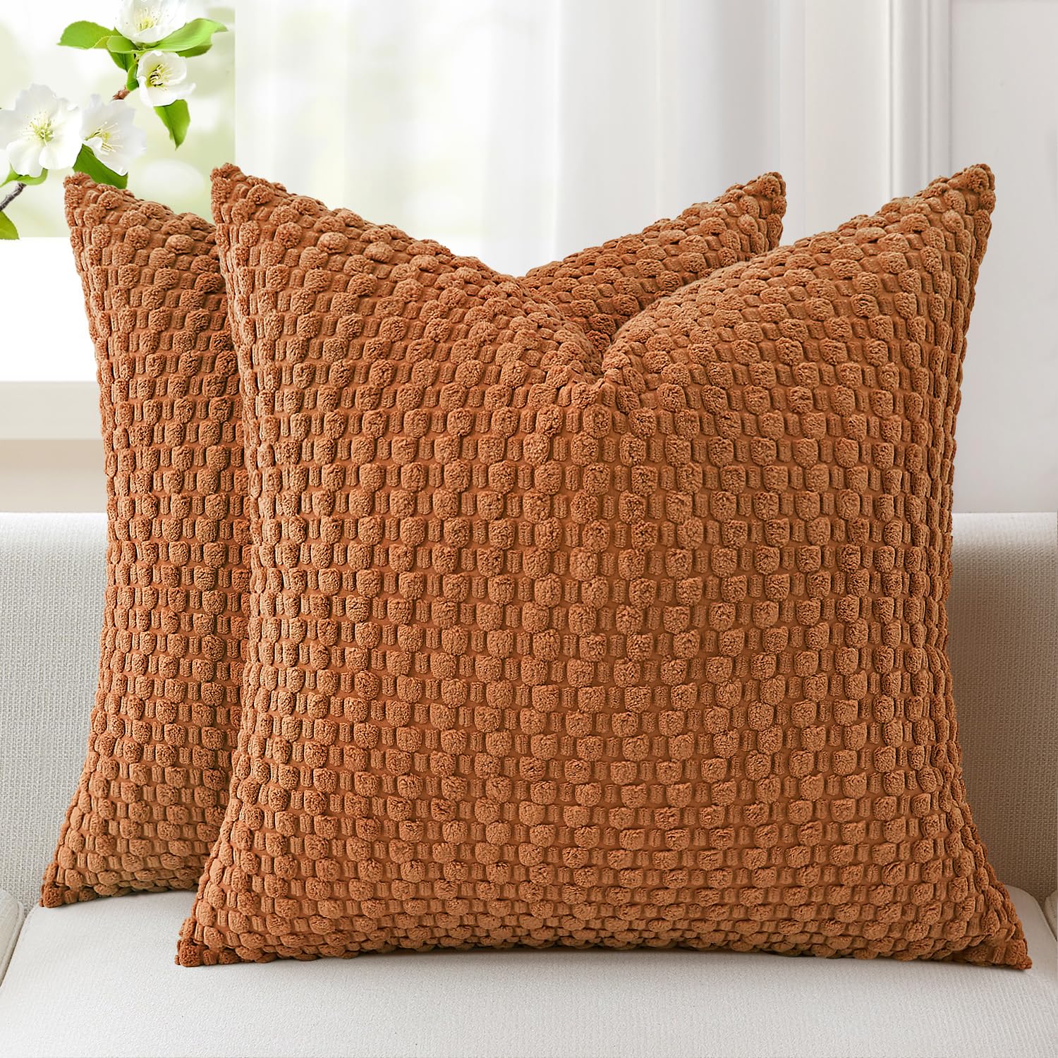 Kevin Textile Soft Corduroy Cushion Covers 45 x 45 cm Set of 2, Soft Granule Decorative Square Cushions Covers 18x18 Inch with Invisible Zipper for Chair Couch Sofa Bedroom, Burnt Orange