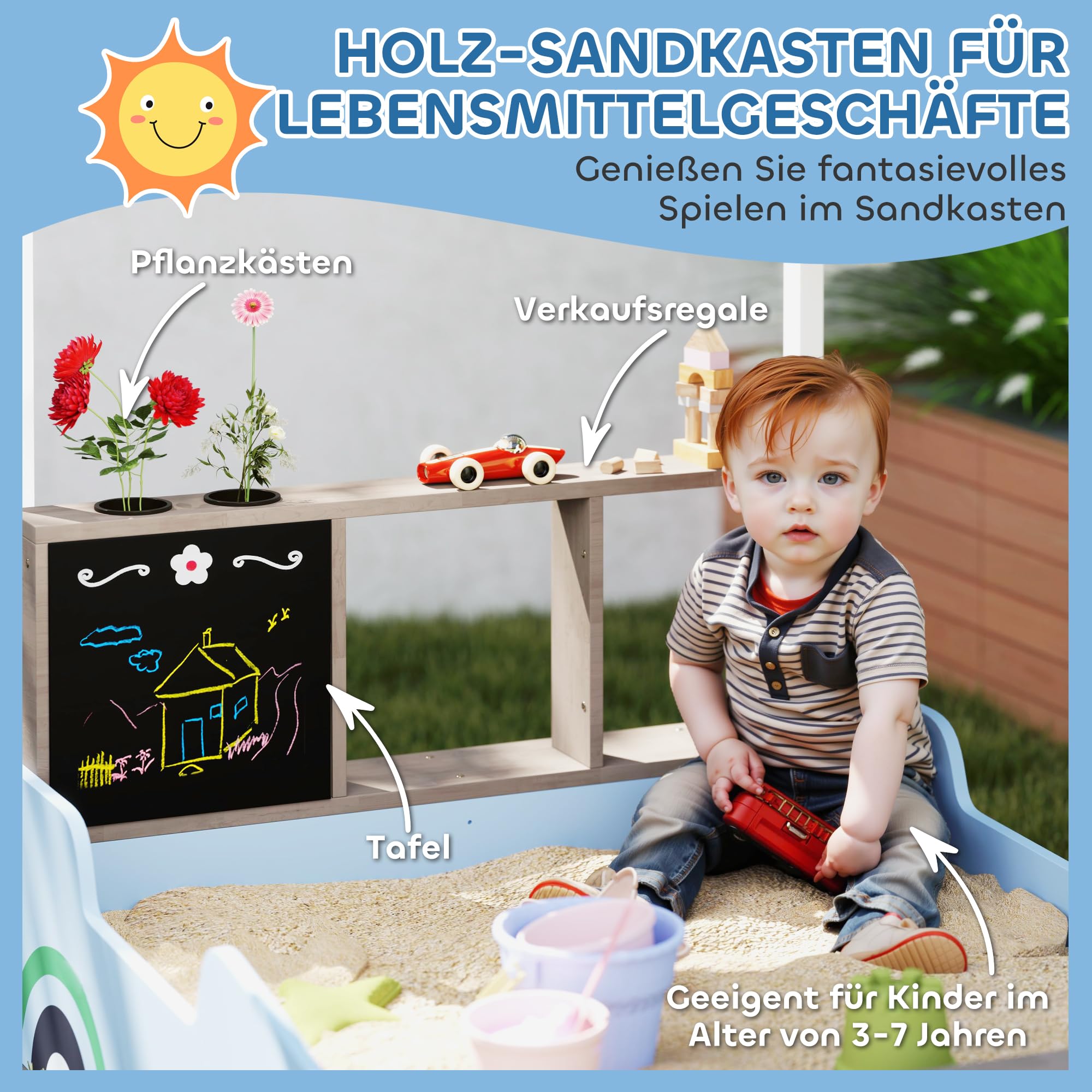 AIYAPLAY Sandkasten mit Abdeckung 90 x 120 cm aus Massivholz Imprägniert Kinder Sandbox mit Sitzbänken Zeichentafel, Pflanzkästen, Matschküche, Sandkiste für Outdoor Balkon Garten