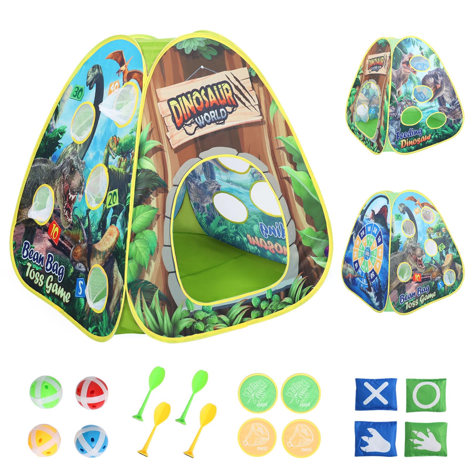 Dinosaur Kids Play Tent Indoor: Boys & Girls Playhouse Pop Up Tents Indoor Outdoor - 4in1 Dinosaur Tent with Velcro Dart Board & Bean Bag Toss Games