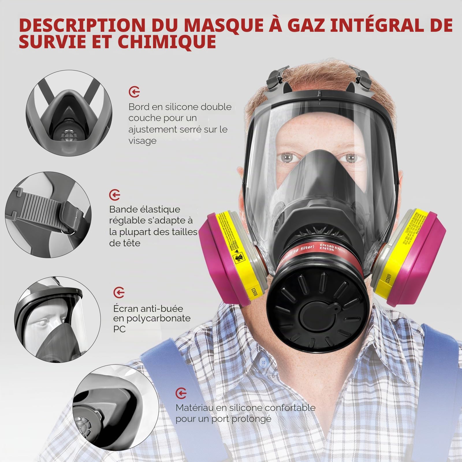 Masque à gaz complet pour la survie nucléaire et chimique - Masque respiratoire complet avec filtres 60923 et filtres de 40 mm contre la poussière, les vapeurs organiques, les gaz à peindre, les