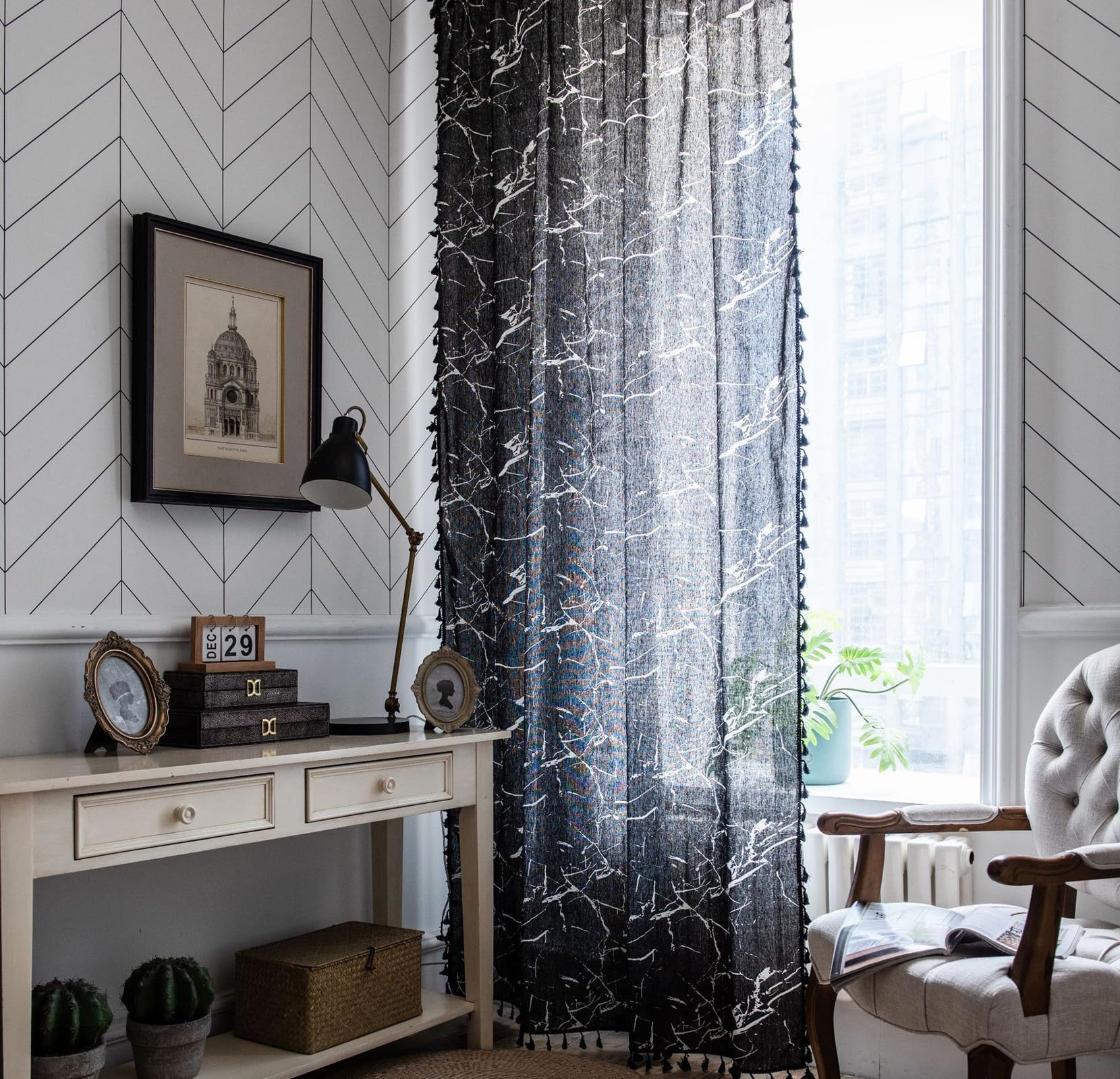Rideaux de luxe coton lin imprimé marbré noir pour chambre