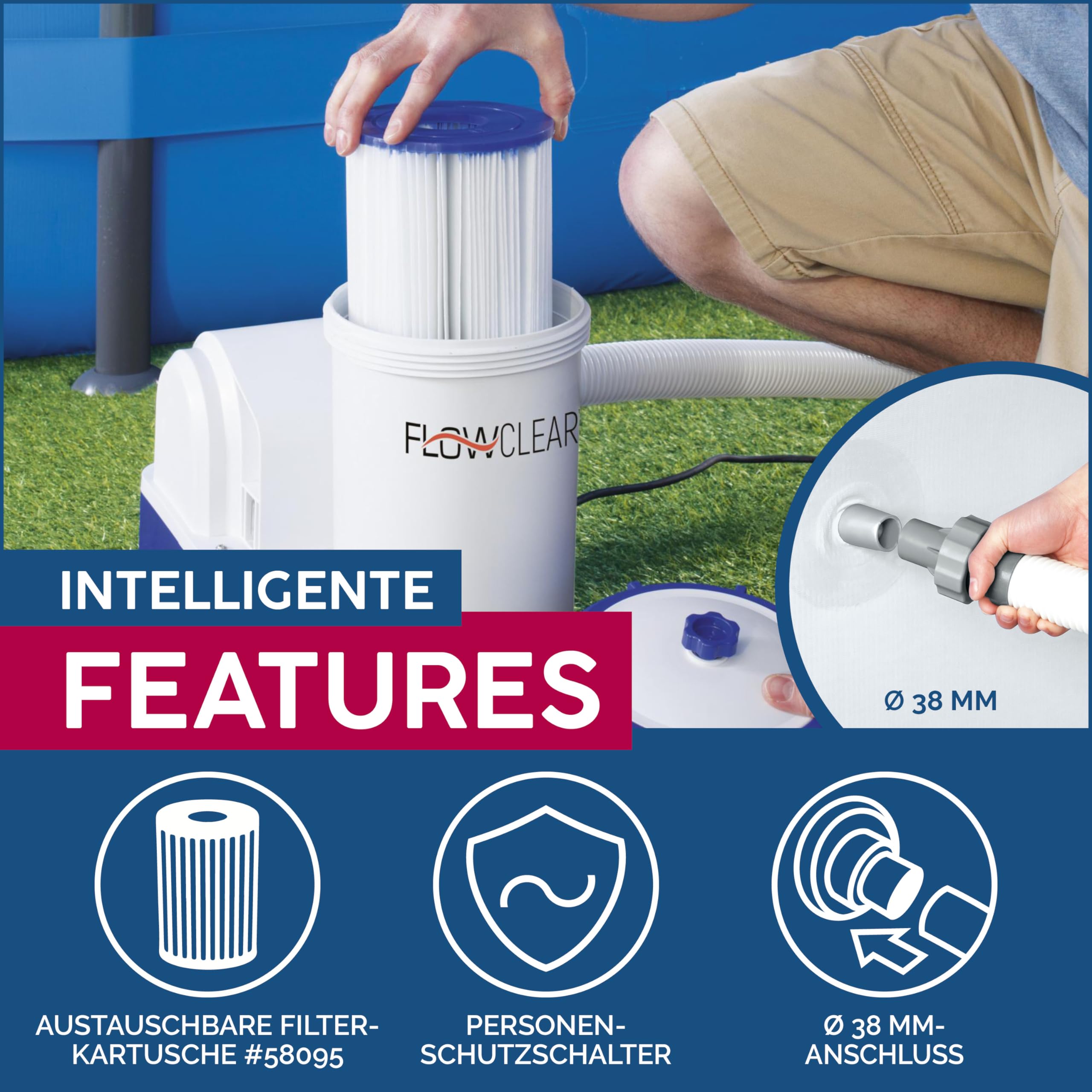 Bestway 58391 FLOWCLEAR Bomba de filtro 9.463 l/h, 220 – 240 V ~/50Hz, transformador 12 V kl. 3, 350 W, TÜV/GS H, multicolor