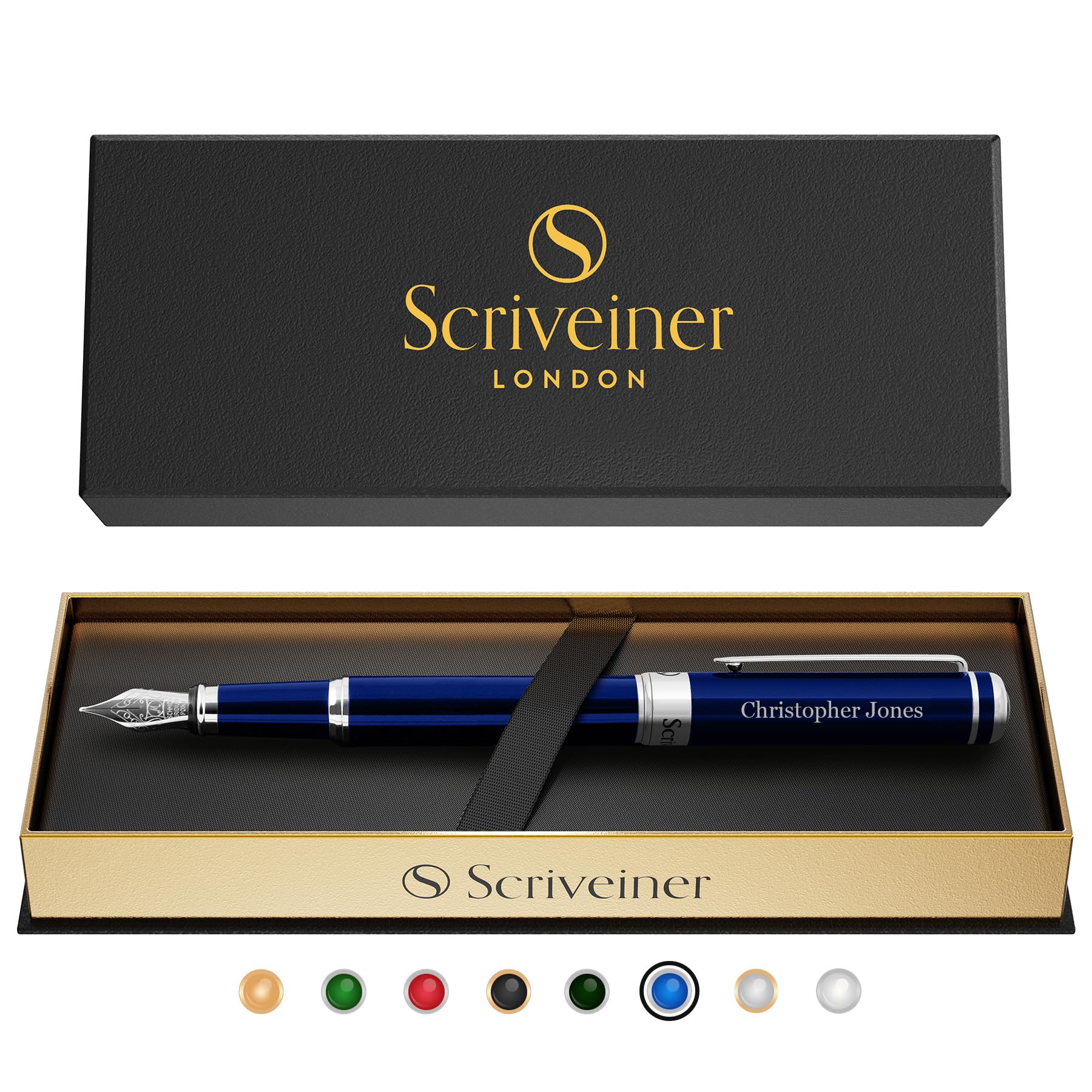 - Scriveiner Personalized Midnight Blue Fountain Pen - Stunning Blue Lacquer Luxury Pen, Chrome Finish, German Schmidt Nib (Medium), Best Engraved Pen Gift Set for Men & Women, Name Engraving