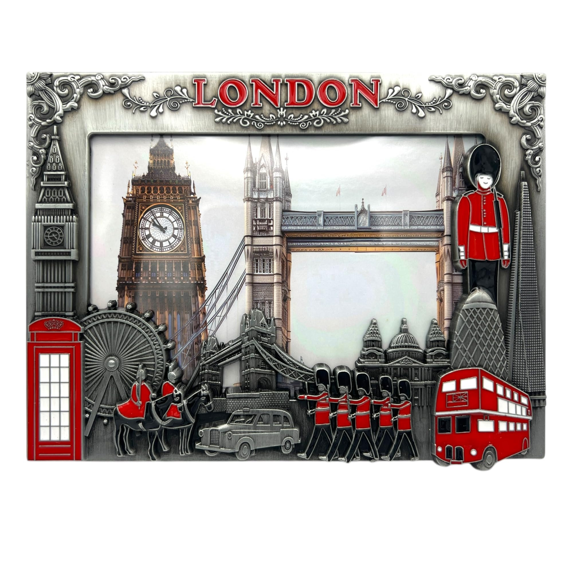 Photo Frame - London Landmarks Metal Picture Frame 20 x 16 cm - Union Jack Souvenir Tabletop Desktop Home Decor Gift (Grey)