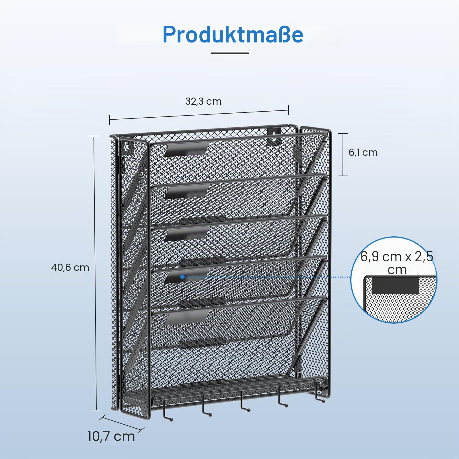 OUTWOLF 6 Ebenen Metall A4 Zeitschriftenhalter Wand Wandhalter Hängend, Aktenablage Dokumentenhalter Magazin Organizer, Flyerständer Prospektspender für Büro mit Haken, Schwarz