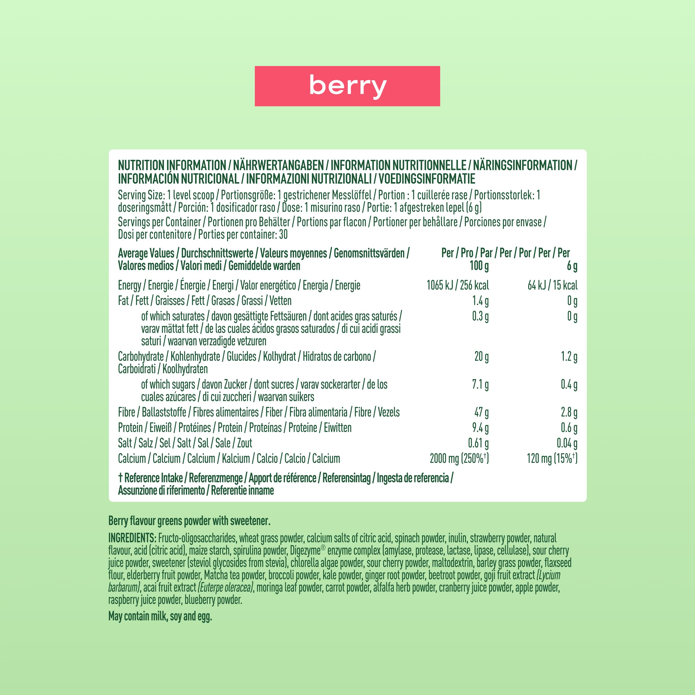 Bloom Super Greens Pulver Beere (30 Portionen) mit Probiotika, Verdauungsenzymen, Spirulina & Chlorella, zuckerfrei